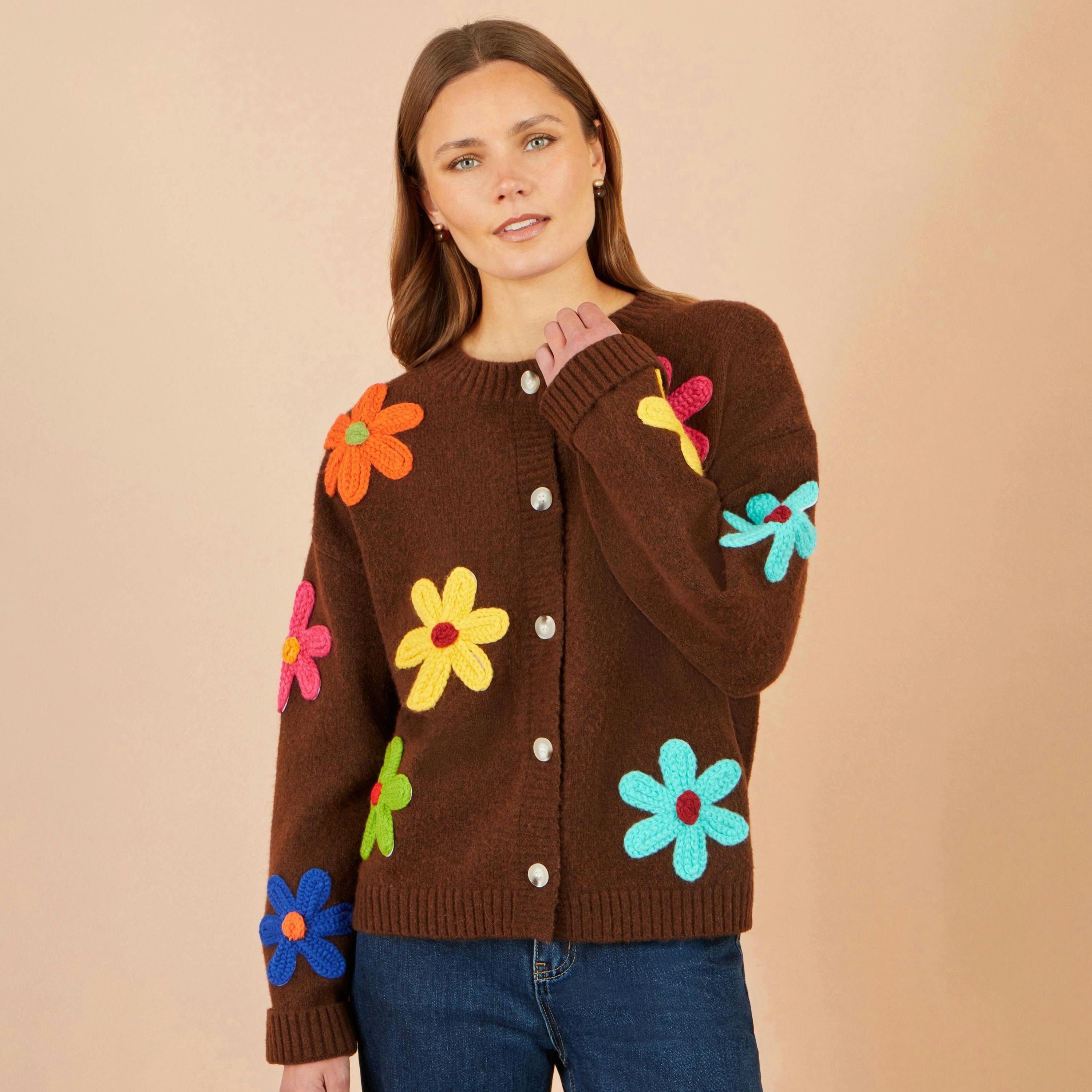 Yumi Brown Knitted Flower Applique Cardigan , view 2 of 5