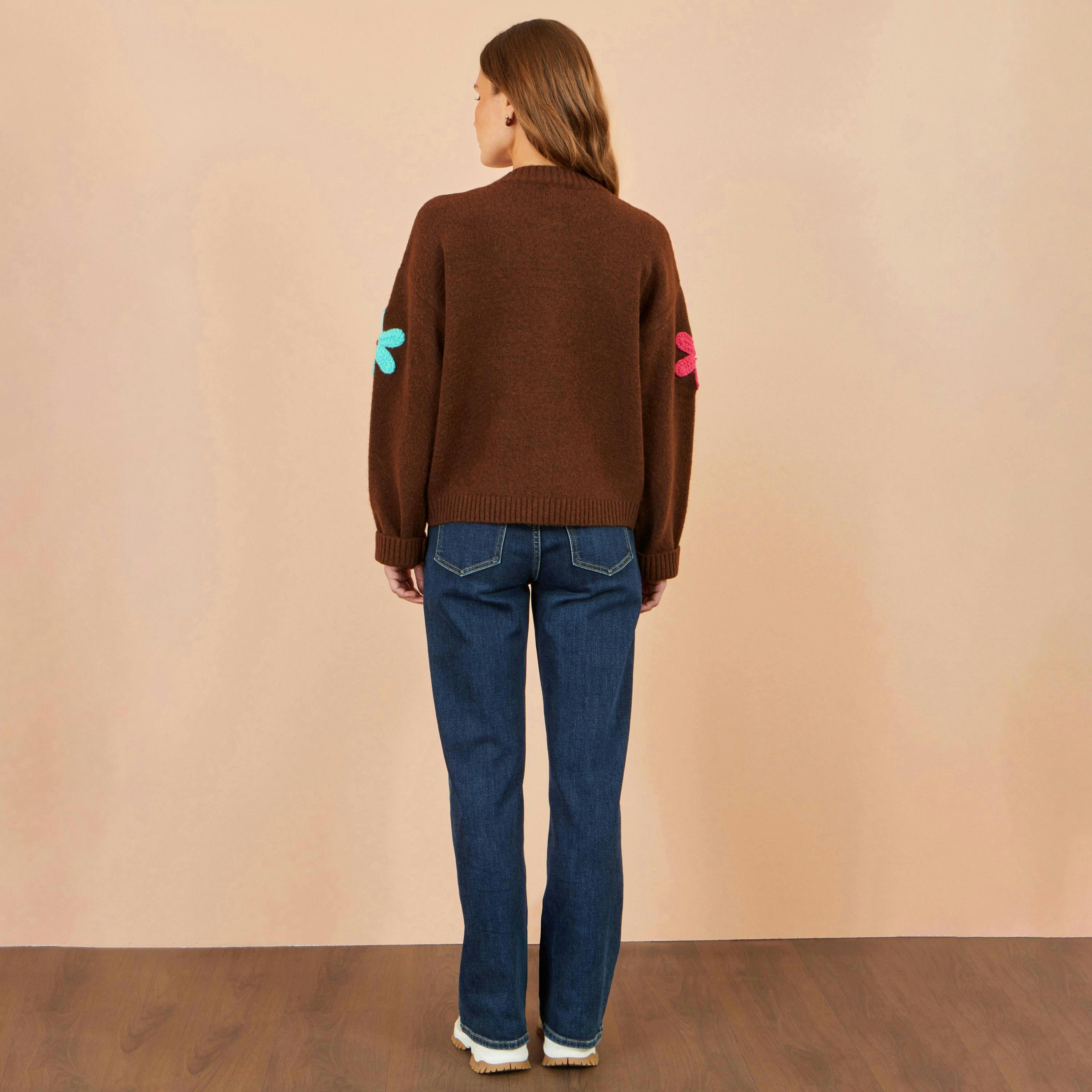 Yumi Brown Knitted Flower Applique Cardigan , view 4 of 5