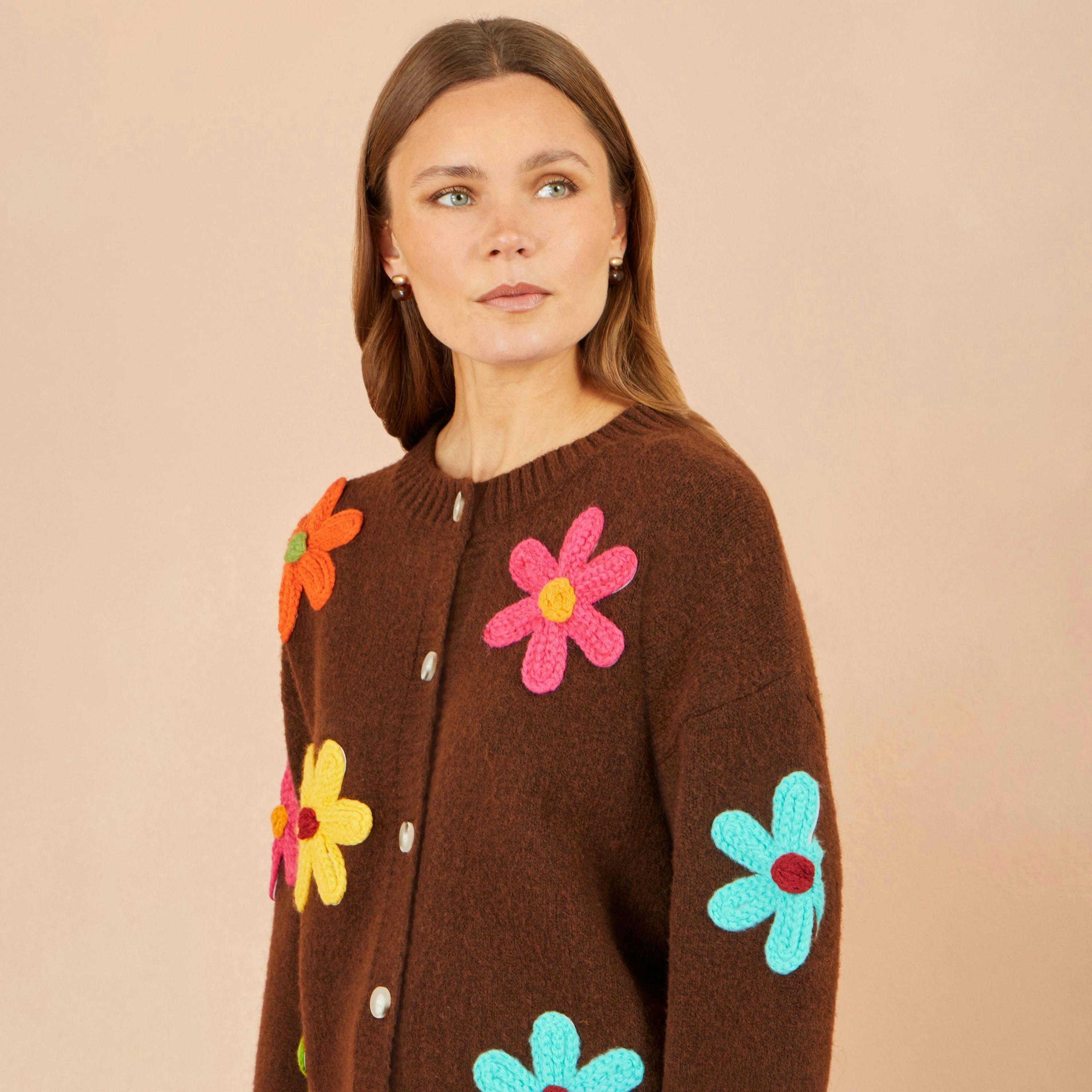 Yumi Brown Knitted Flower Applique Cardigan , view 5 of 5