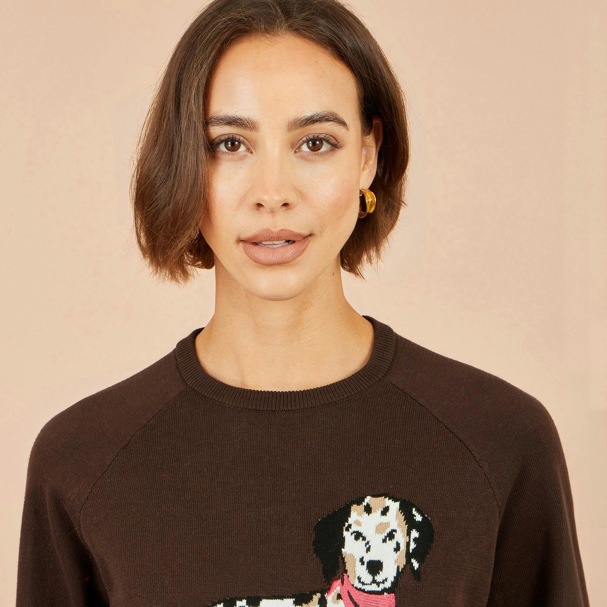 Yumi Brown Dalmatian Intarsia Relaxed Jumper , view 4 of 4