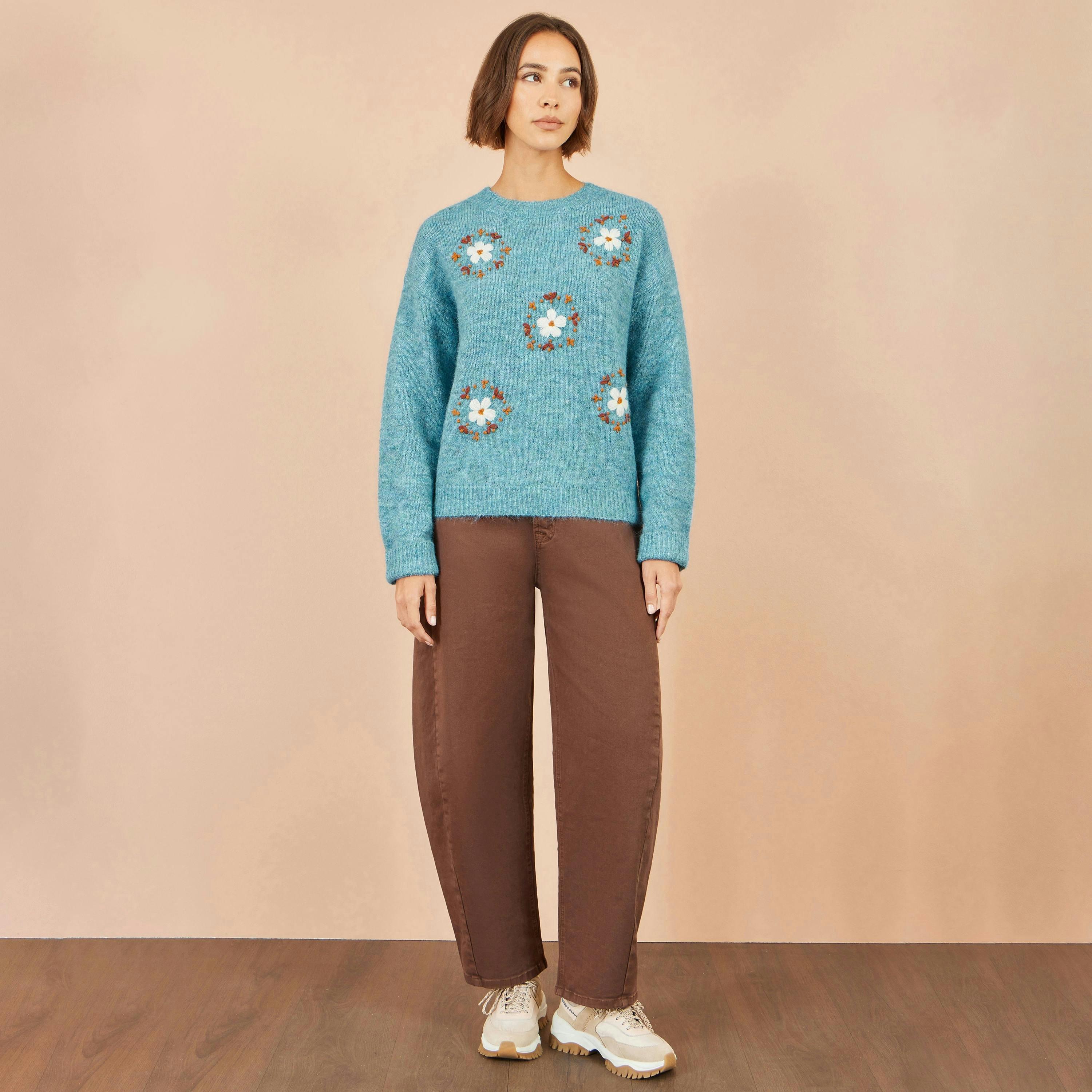 Yumi Blue Patch Floral Embroidered Relaxed Jumper , view 2 of 5