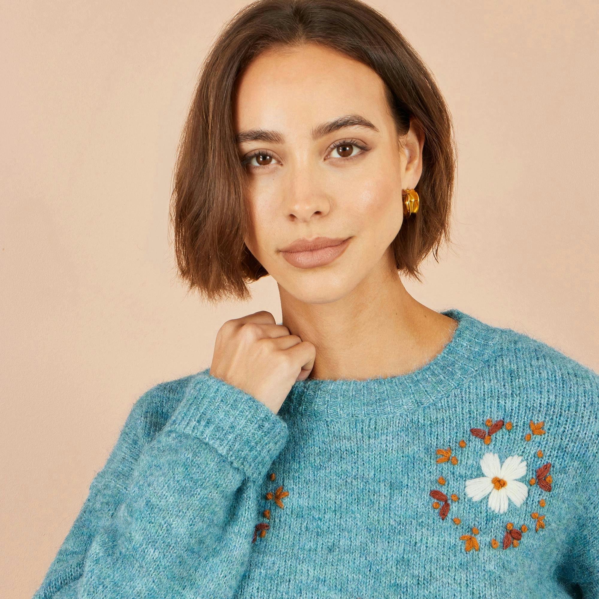 Yumi Blue Patch Floral Embroidered Relaxed Jumper , view 4 of 5