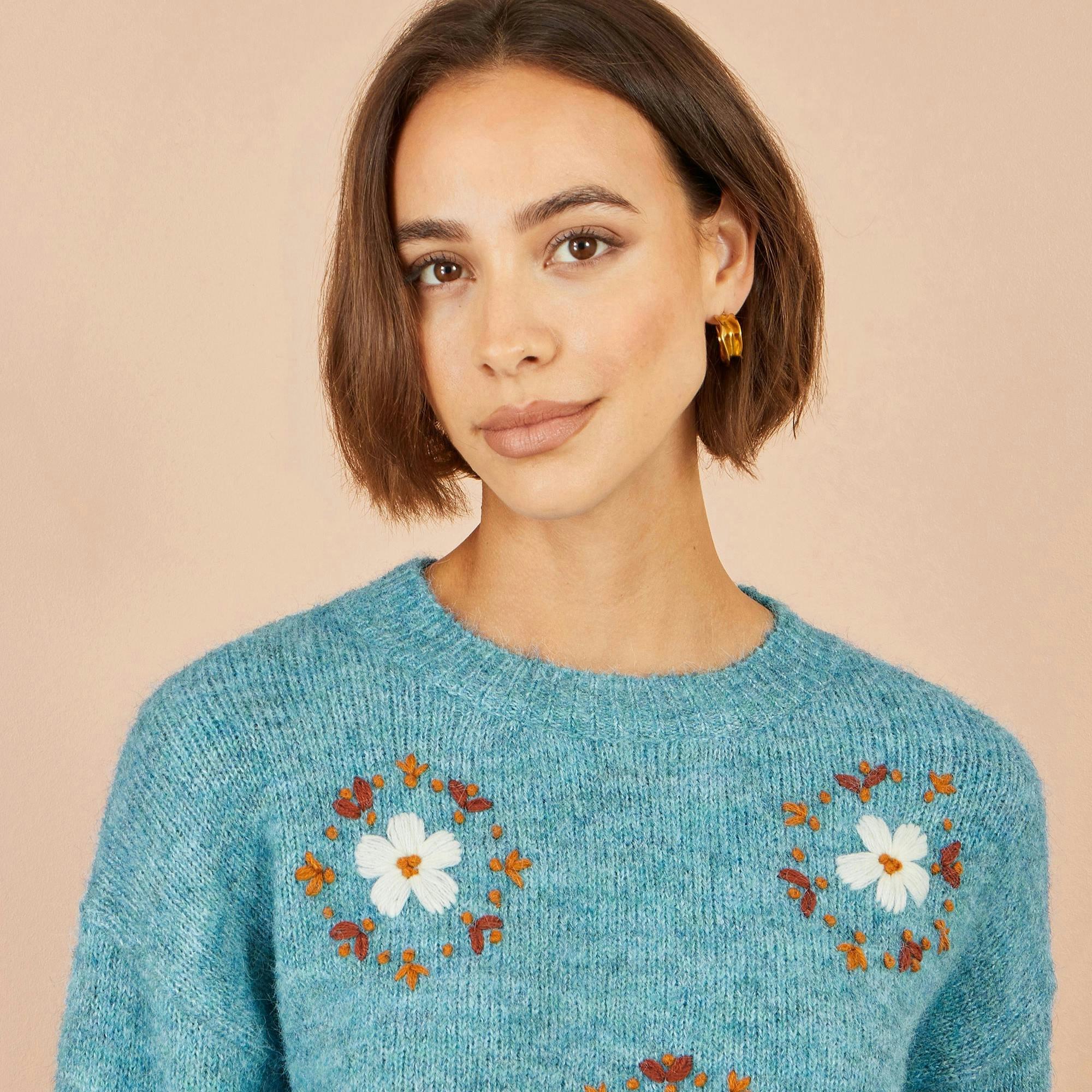 Yumi Blue Patch Floral Embroidered Relaxed Jumper , view 5 of 5