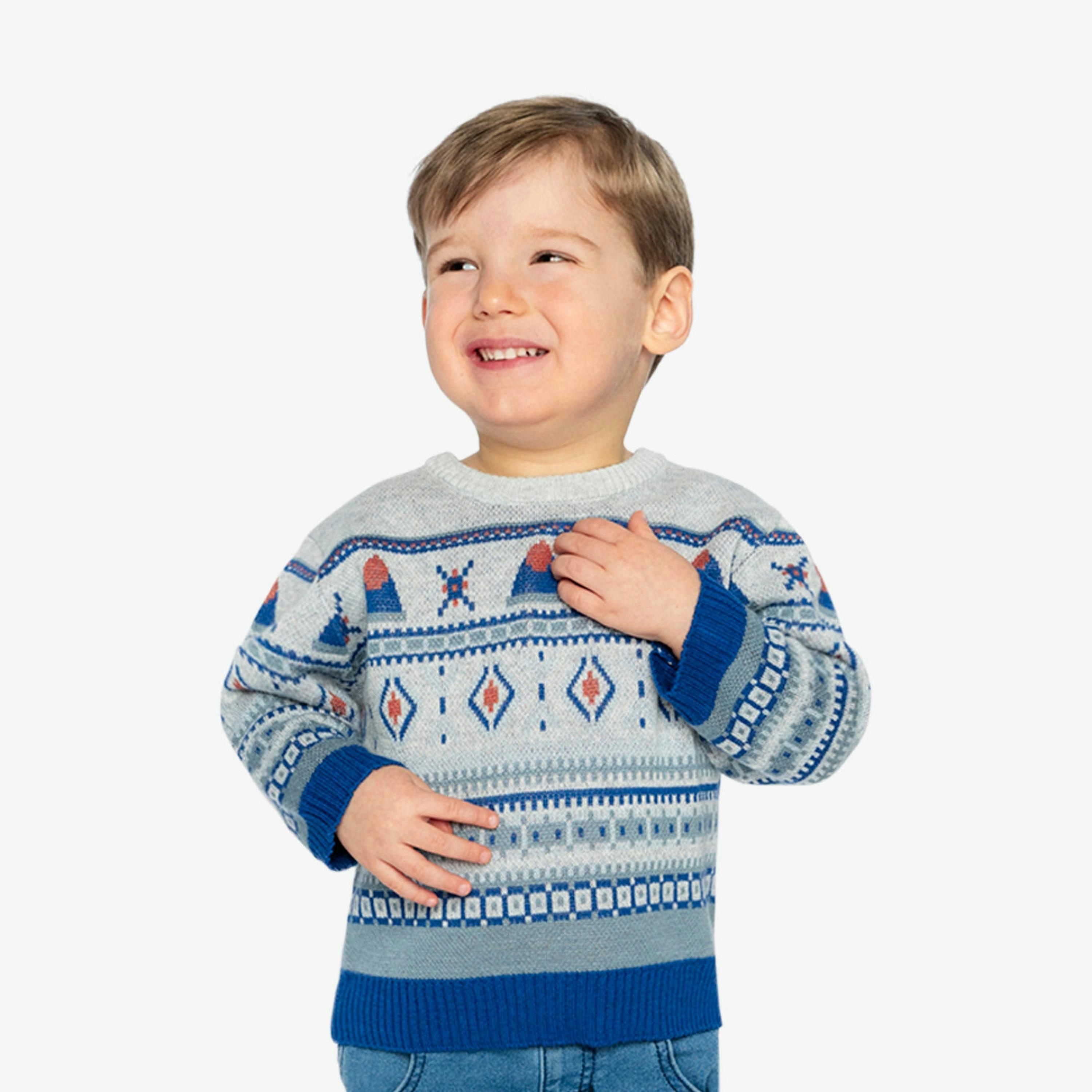 Jacquard Knit Sweater Blue And Beige , view 3 of 5