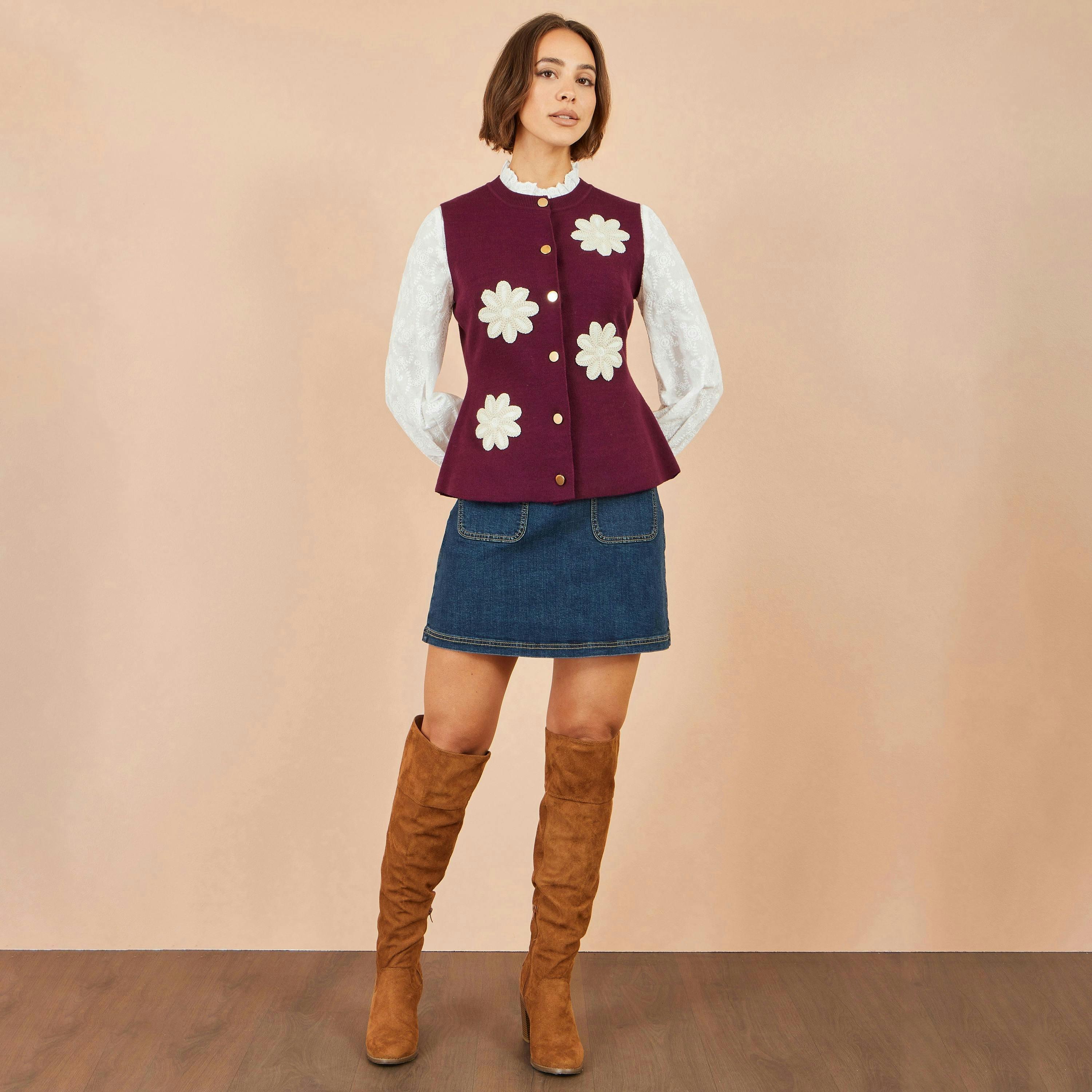 Yumi Burgundy Flower Applique Knit Waistcoat , view 2 of 4