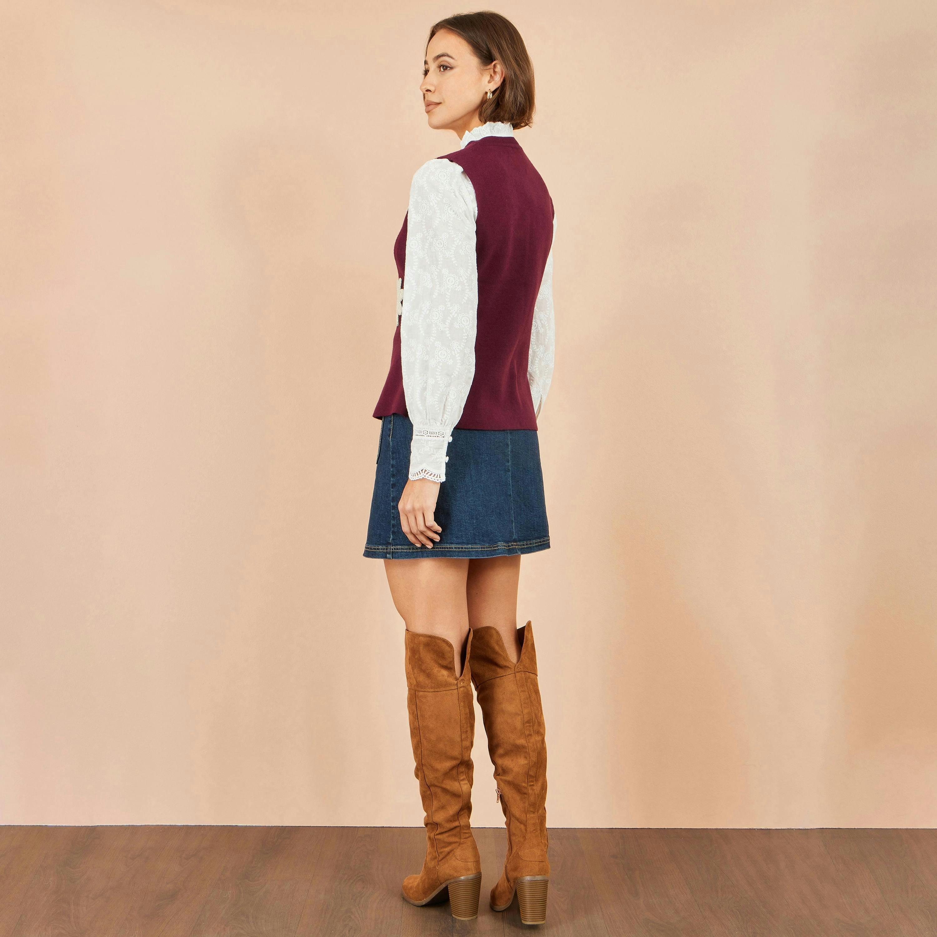 Yumi Burgundy Flower Applique Knit Waistcoat , view 3 of 4