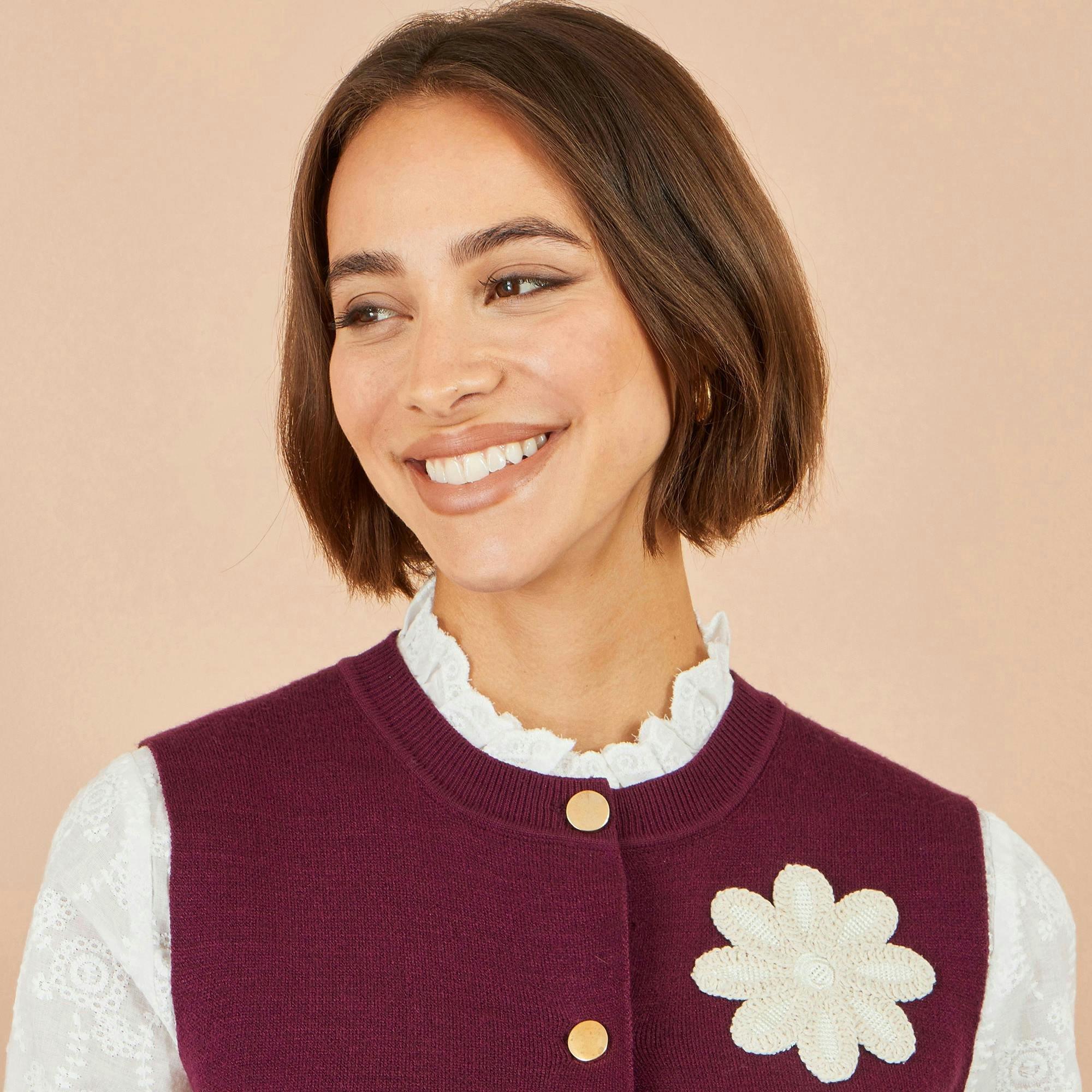 Yumi Burgundy Flower Applique Knit Waistcoat , view 4 of 4