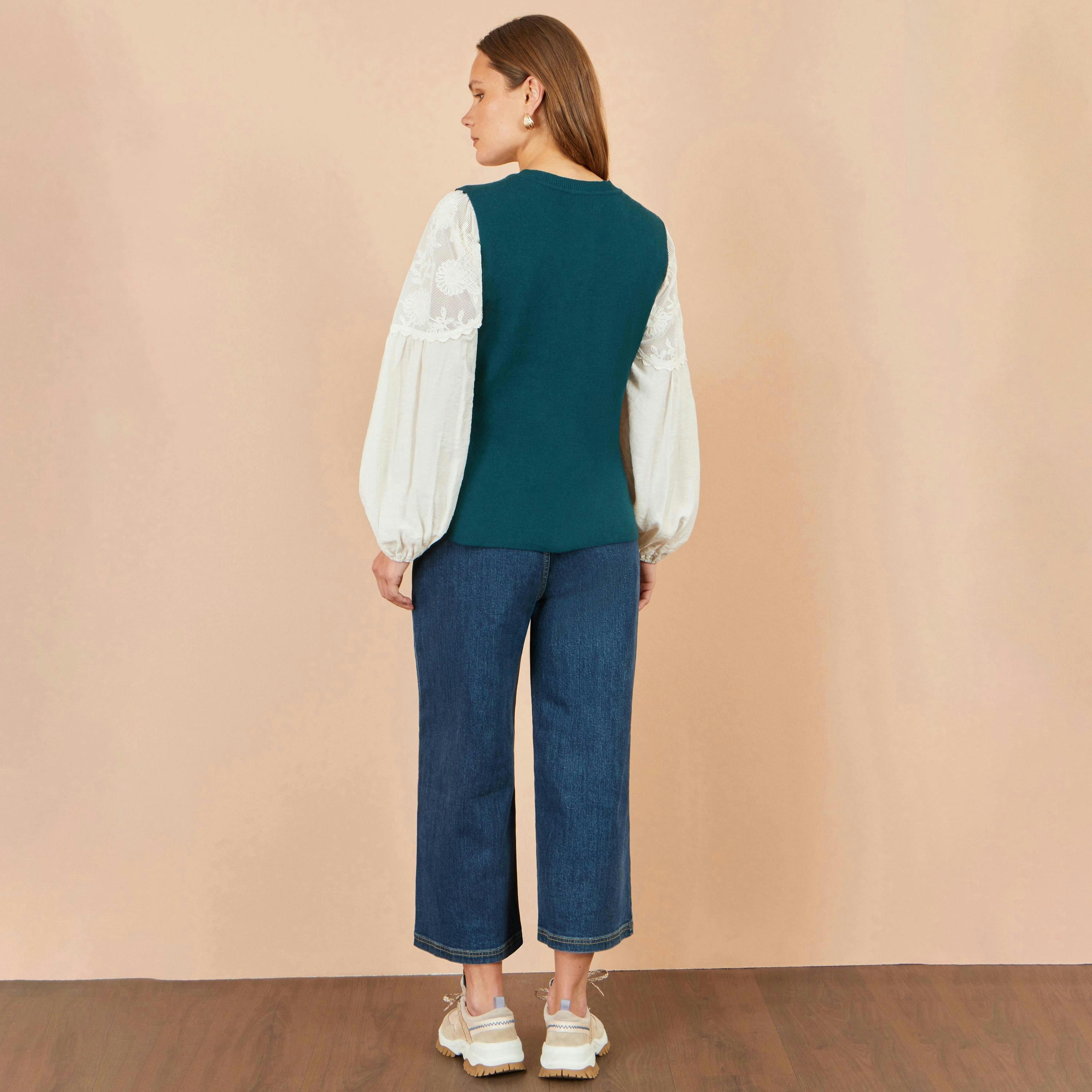 Yumi Teal Flower Applique Knit Waistcoat , view 2 of 4