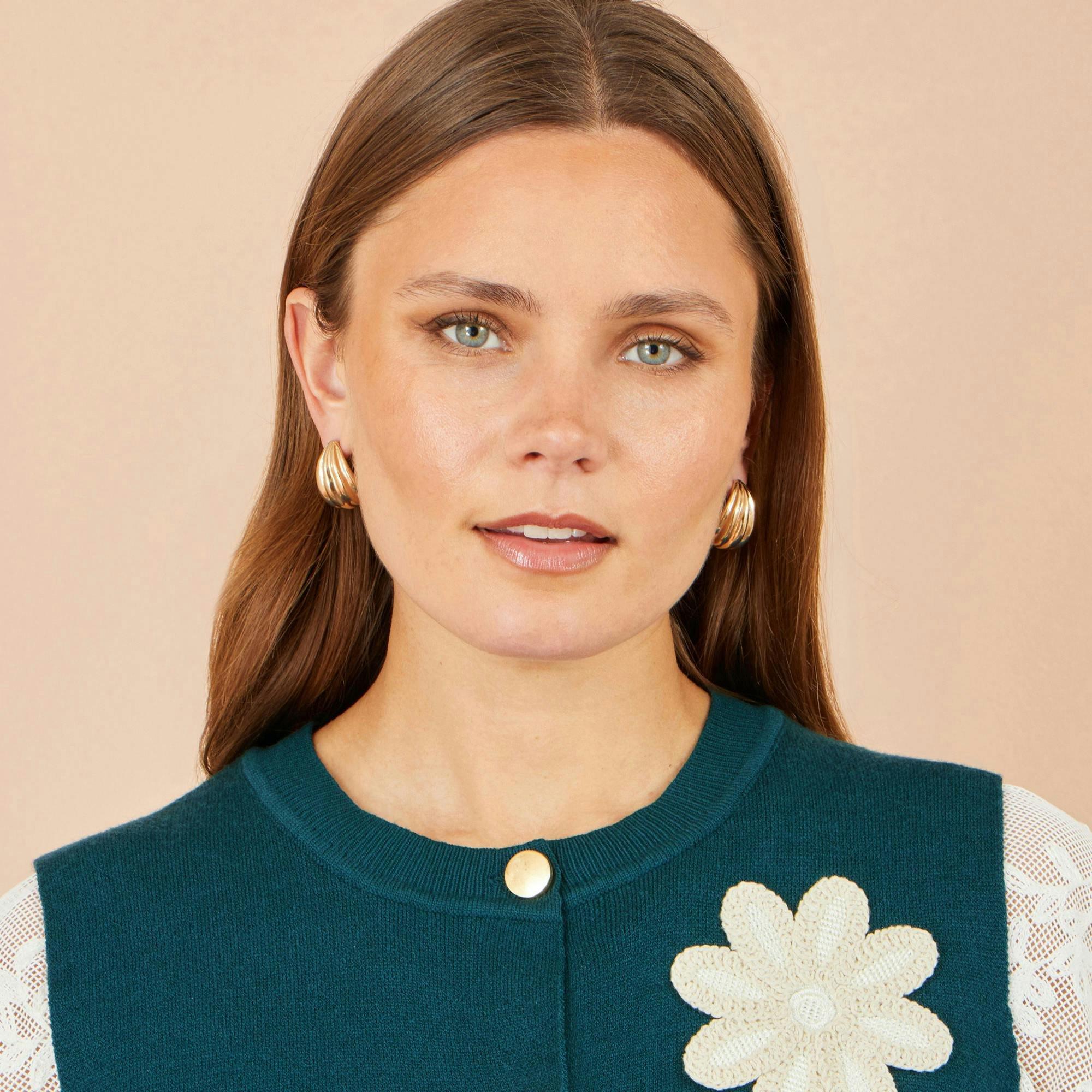 Yumi Teal Flower Applique Knit Waistcoat , view 3 of 4