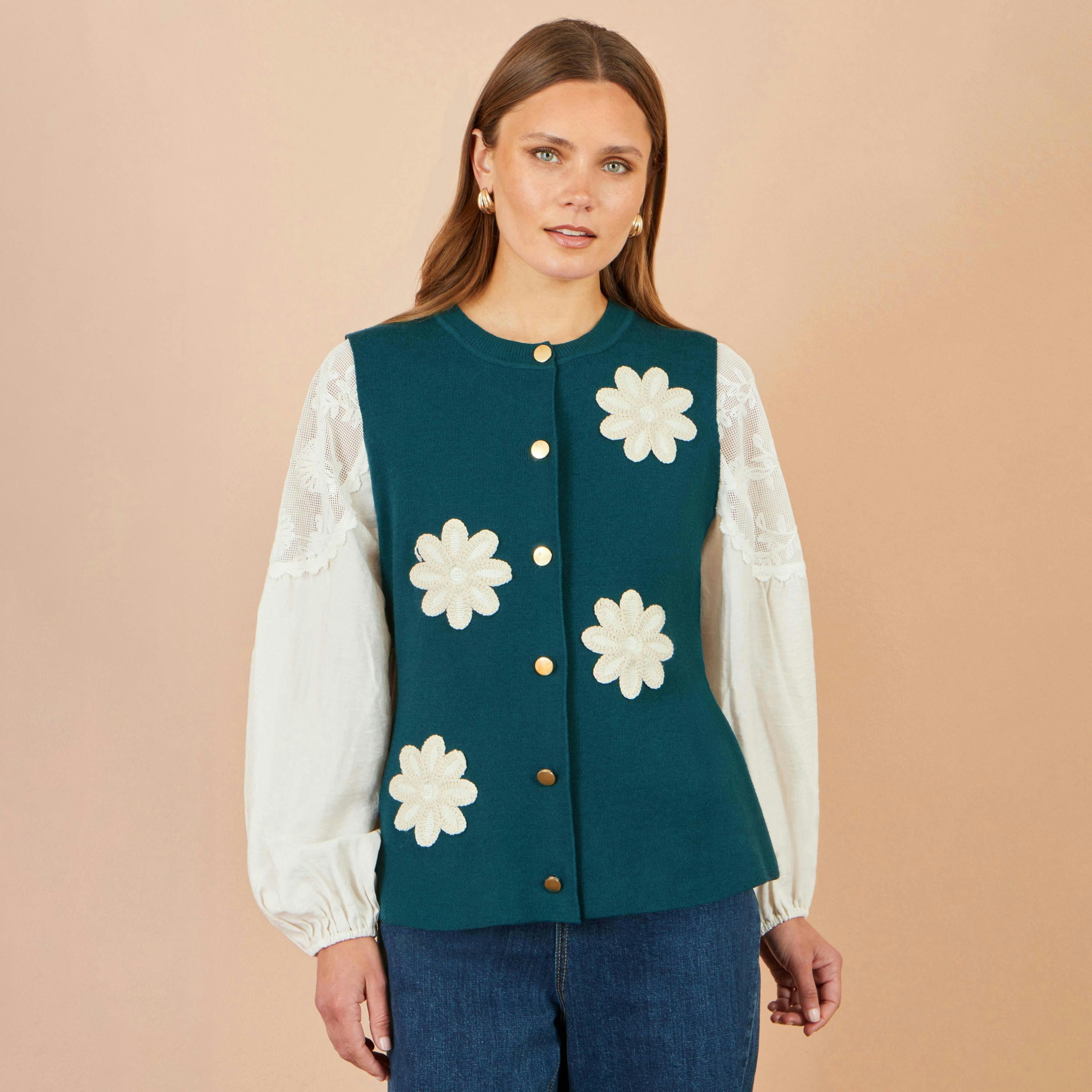 Yumi Teal Flower Applique Knit Waistcoat , view 4 of 4