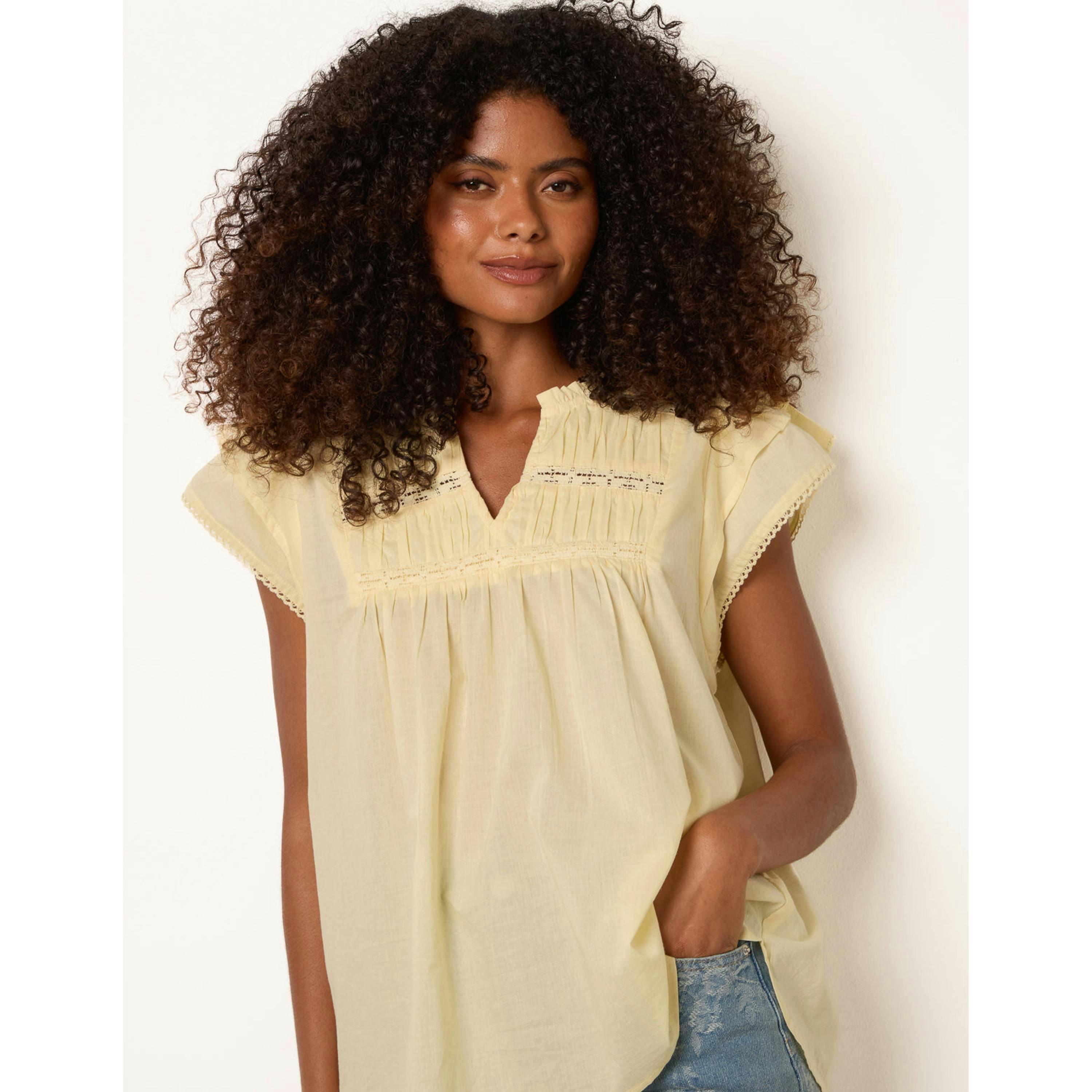 Blue Vanilla Cotton Embroidery Detail Ruffle Sleeve Top  in Yellow , view 1 of 4