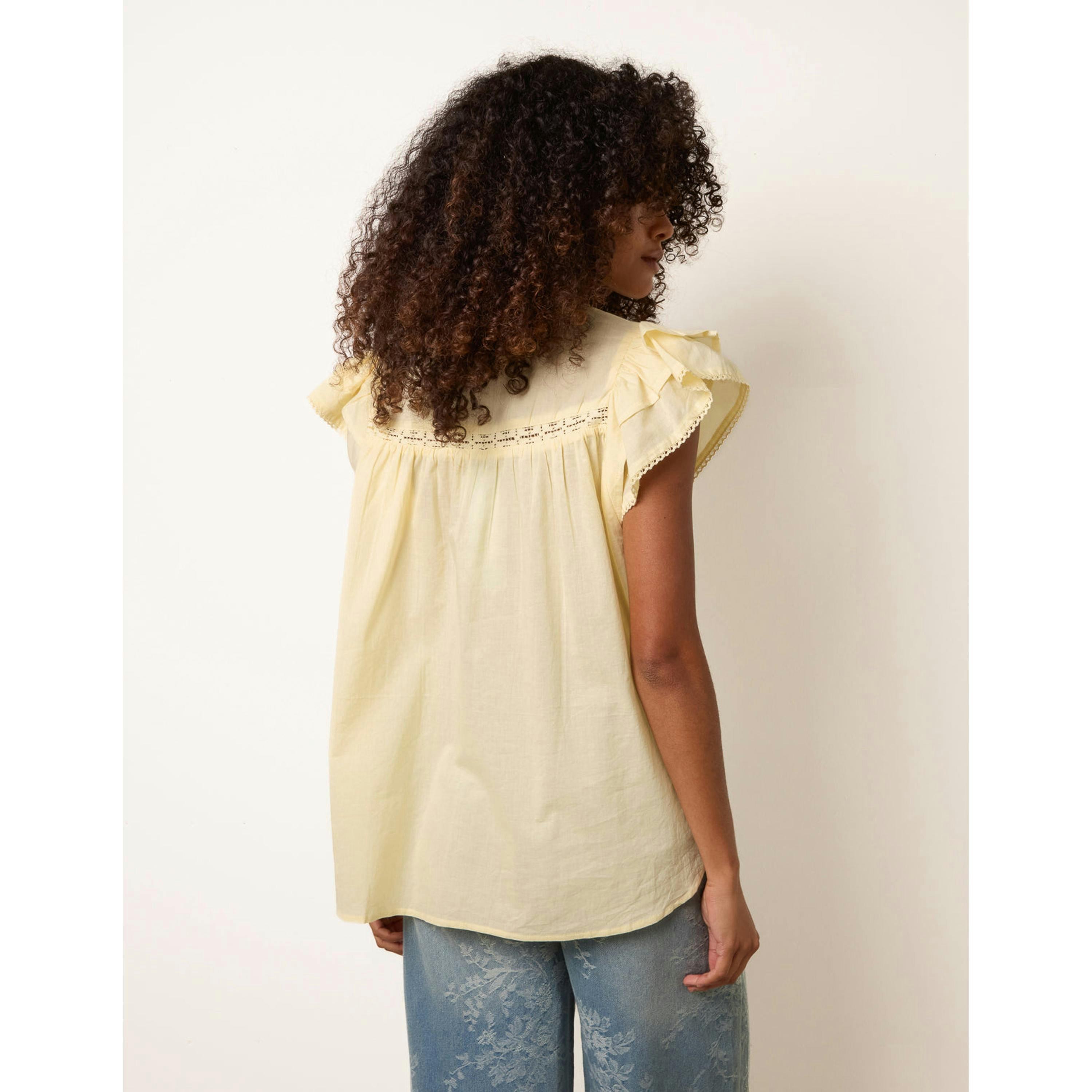 Blue Vanilla Cotton Embroidery Detail Ruffle Sleeve Top  in Yellow , view 2 of 4