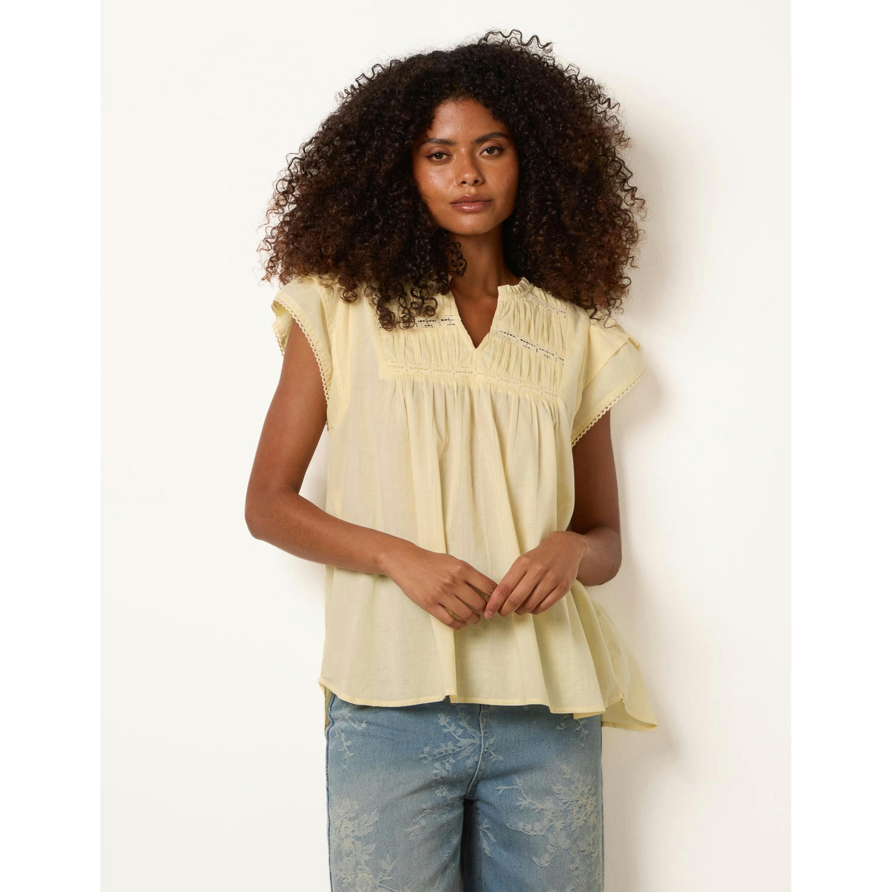 Blue Vanilla Cotton Embroidery Detail Ruffle Sleeve Top  in Yellow , view 3 of 4