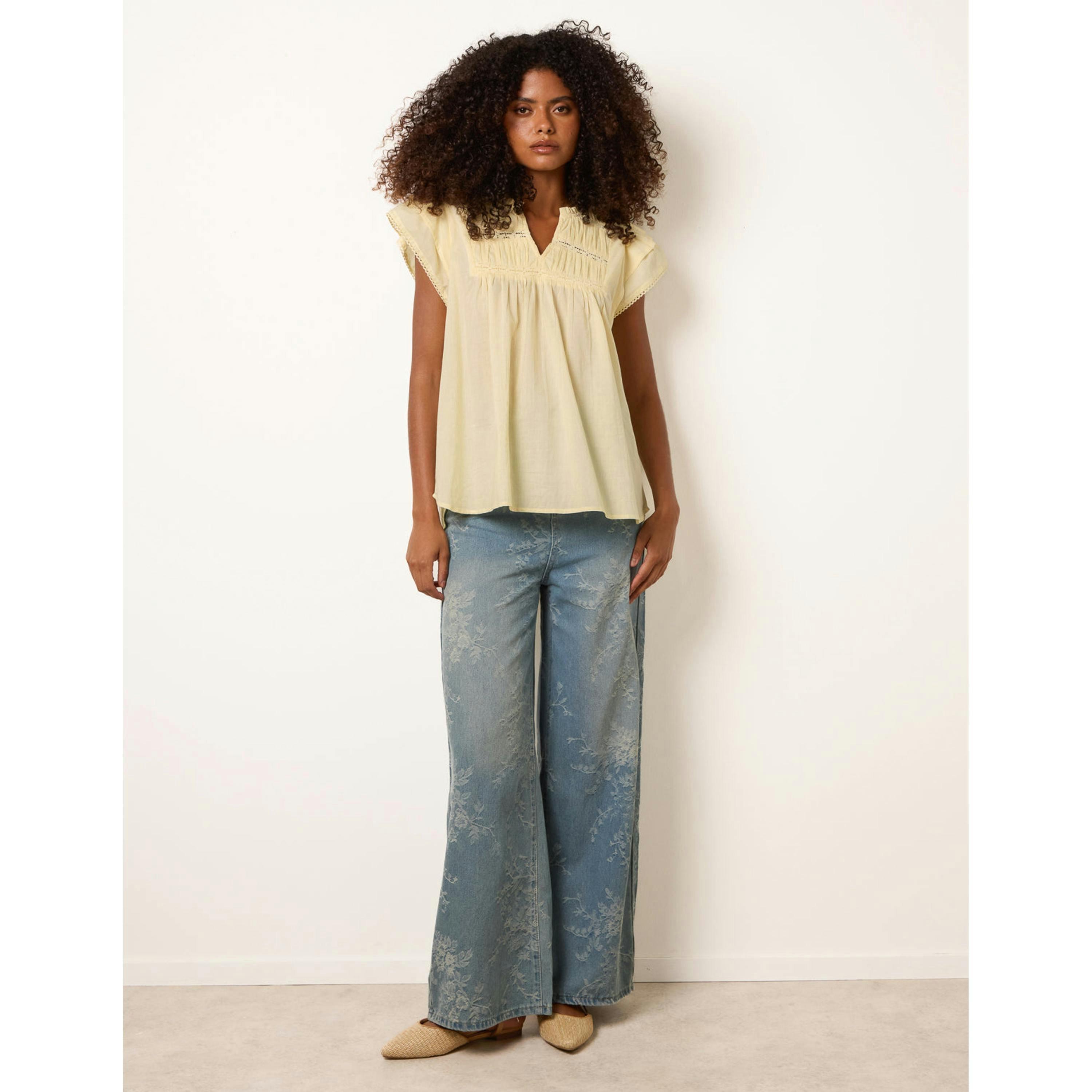 Blue Vanilla Cotton Embroidery Detail Ruffle Sleeve Top  in Yellow , view 4 of 4