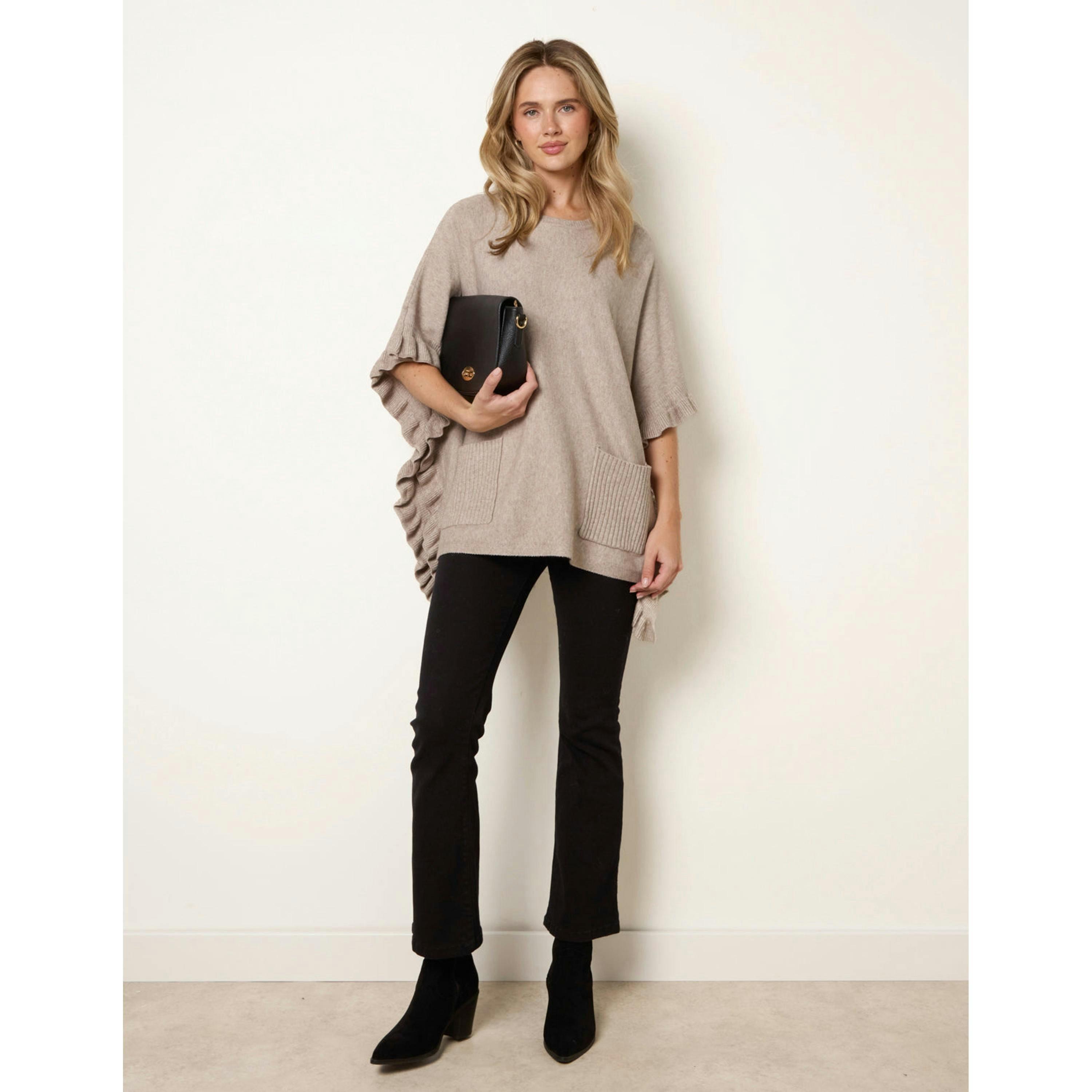 Blue Vanilla Frill Detail Pocket Cape  in Beige , view 1 of 4
