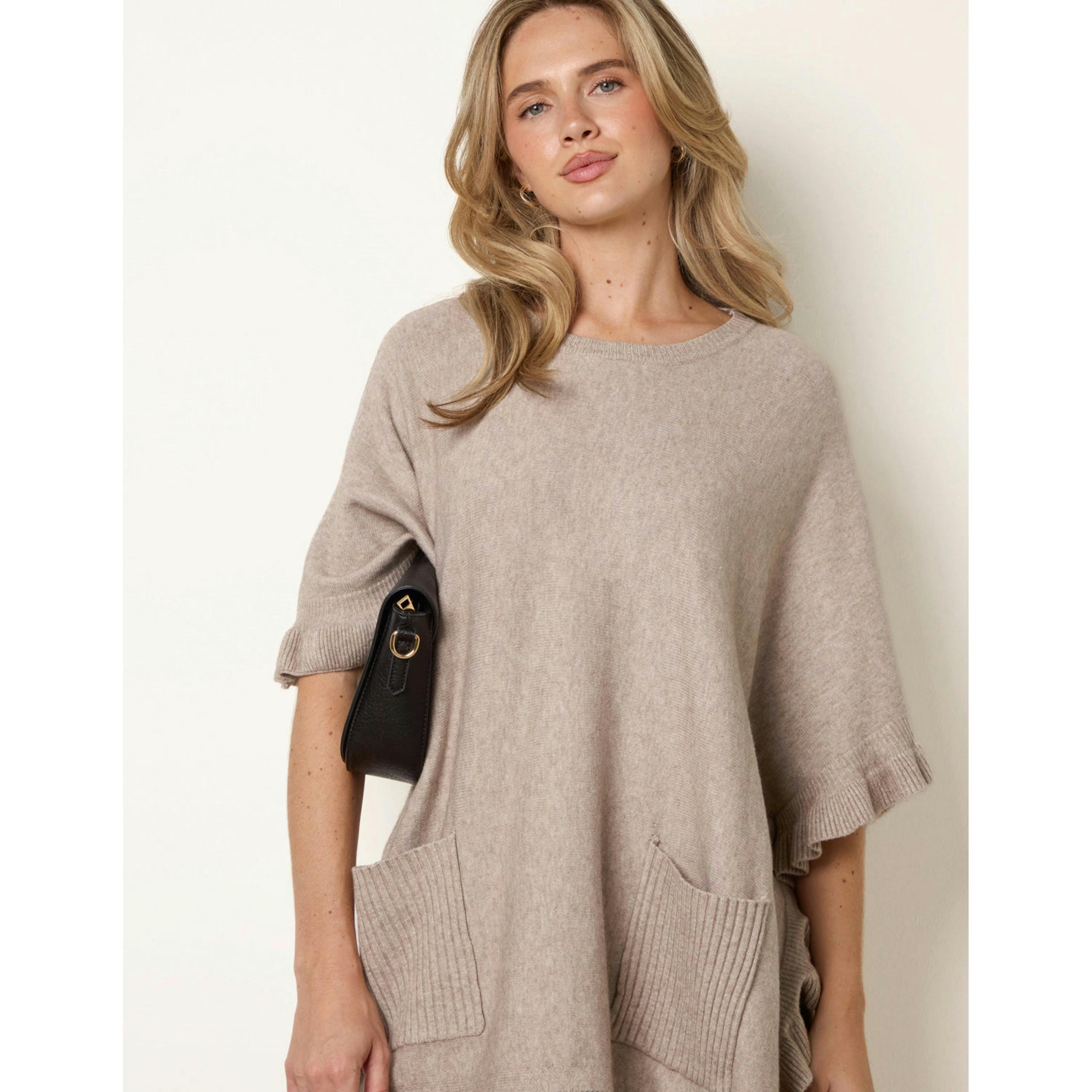 Blue Vanilla Frill Detail Pocket Cape  in Beige , view 3 of 4