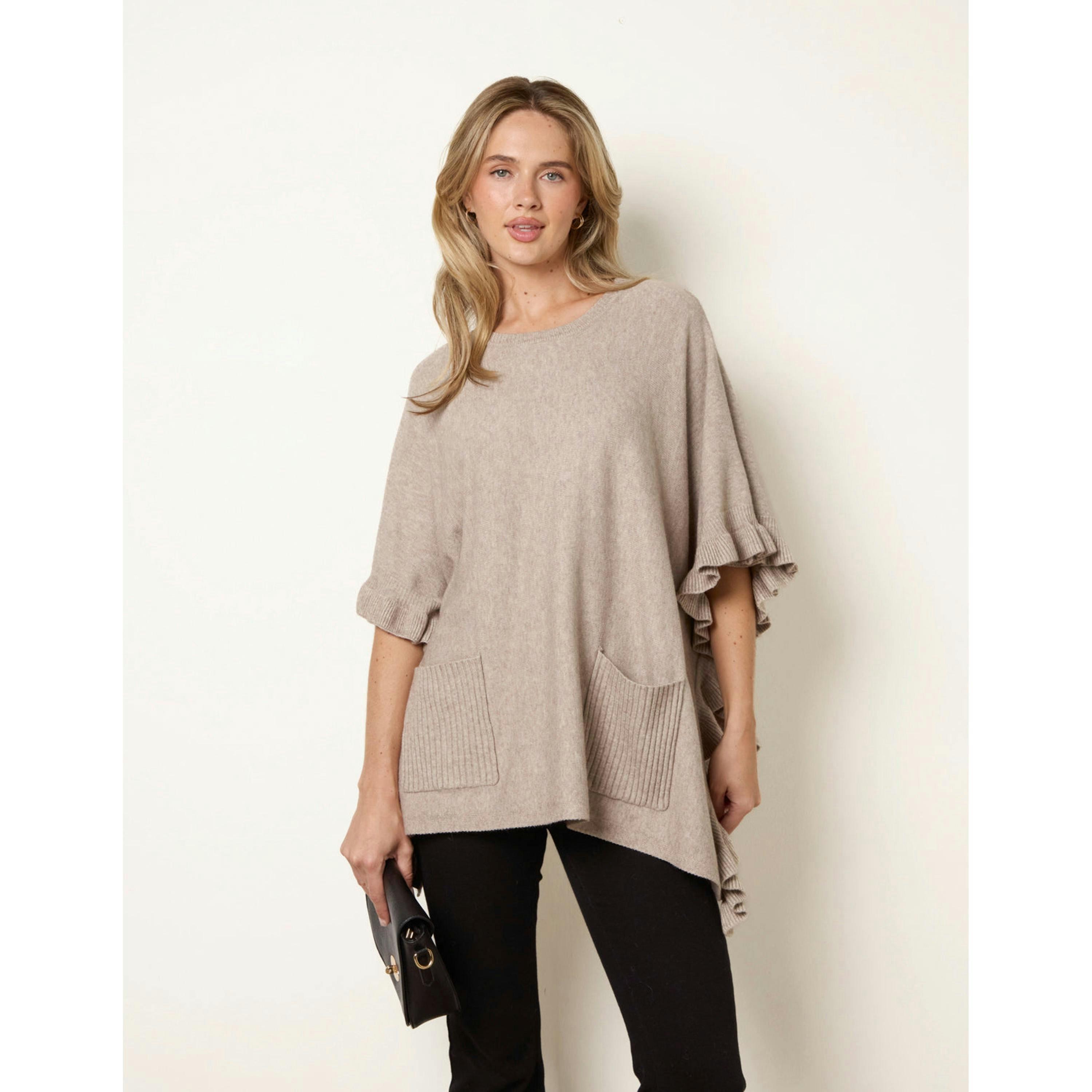 Blue Vanilla Frill Detail Pocket Cape  in Beige , view 4 of 4