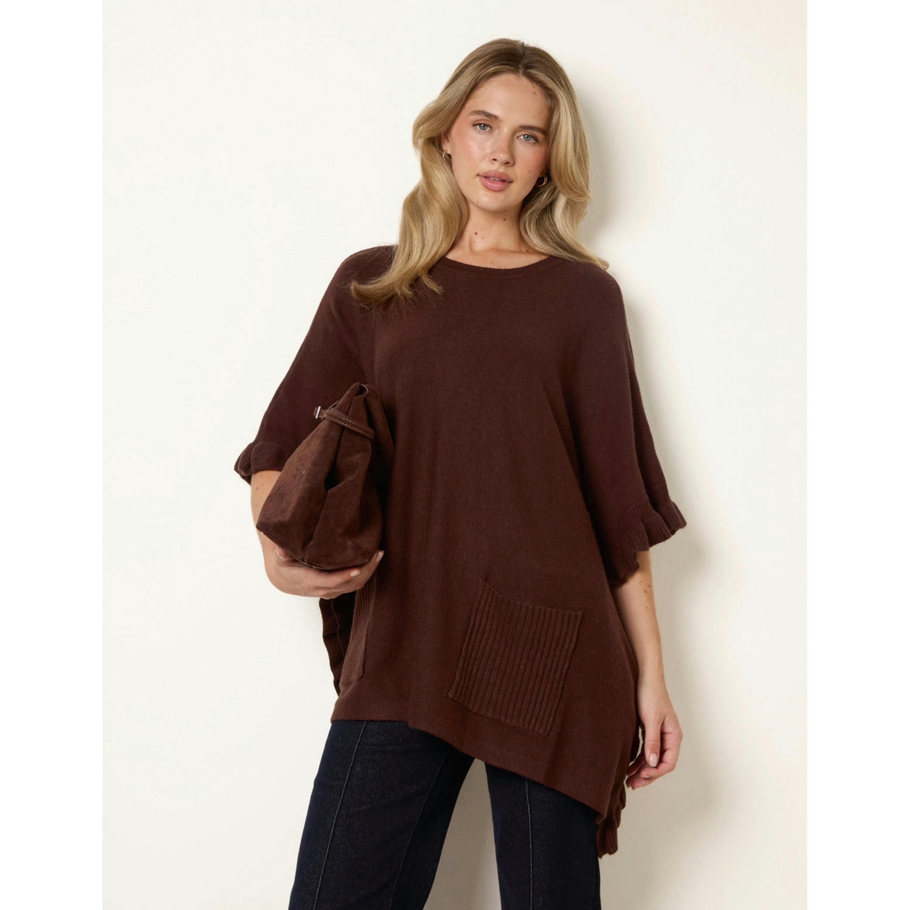Blue Vanilla Frill Detail Pocket Cape  in Brown , view 1 of 4