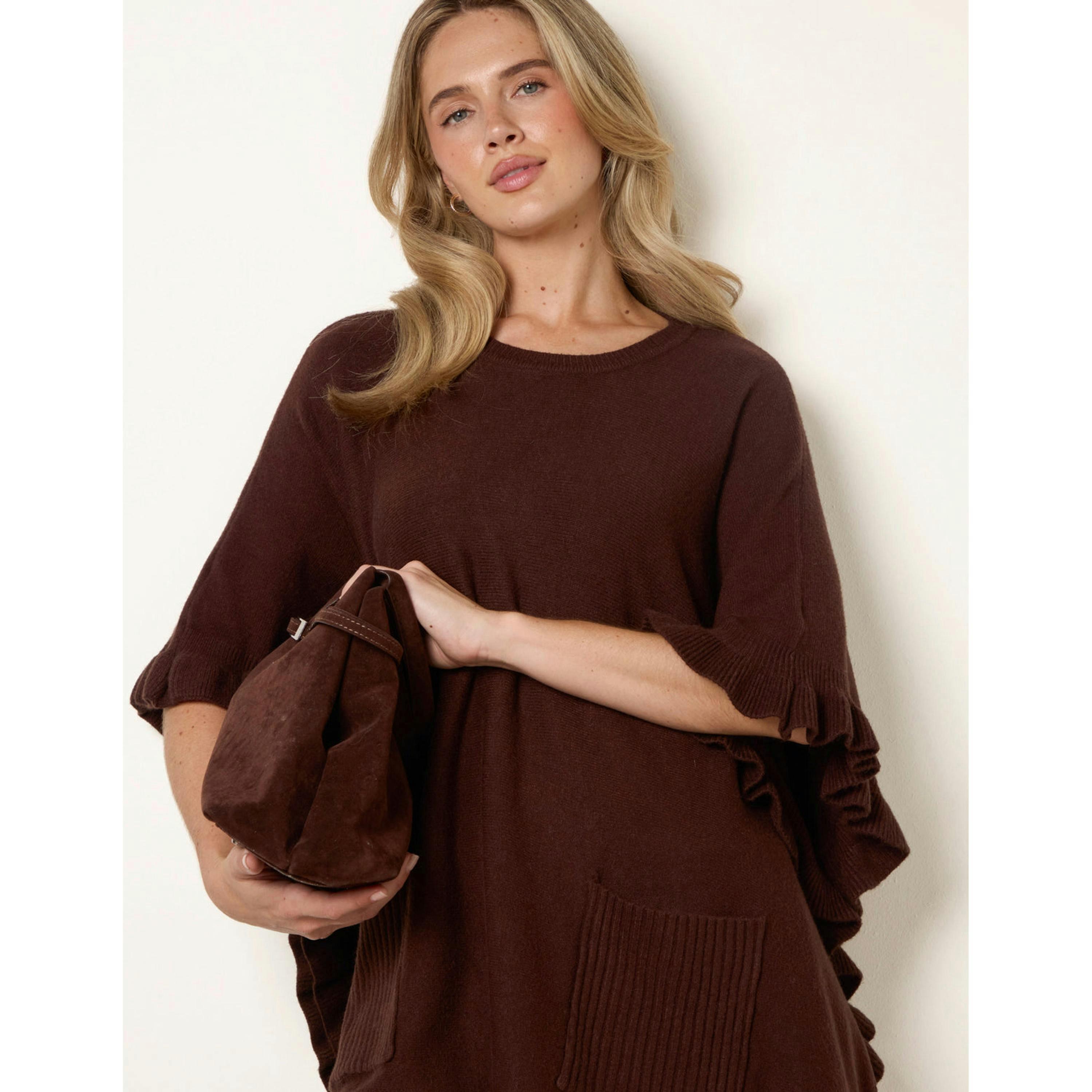 Blue Vanilla Frill Detail Pocket Cape  in Brown , view 3 of 5