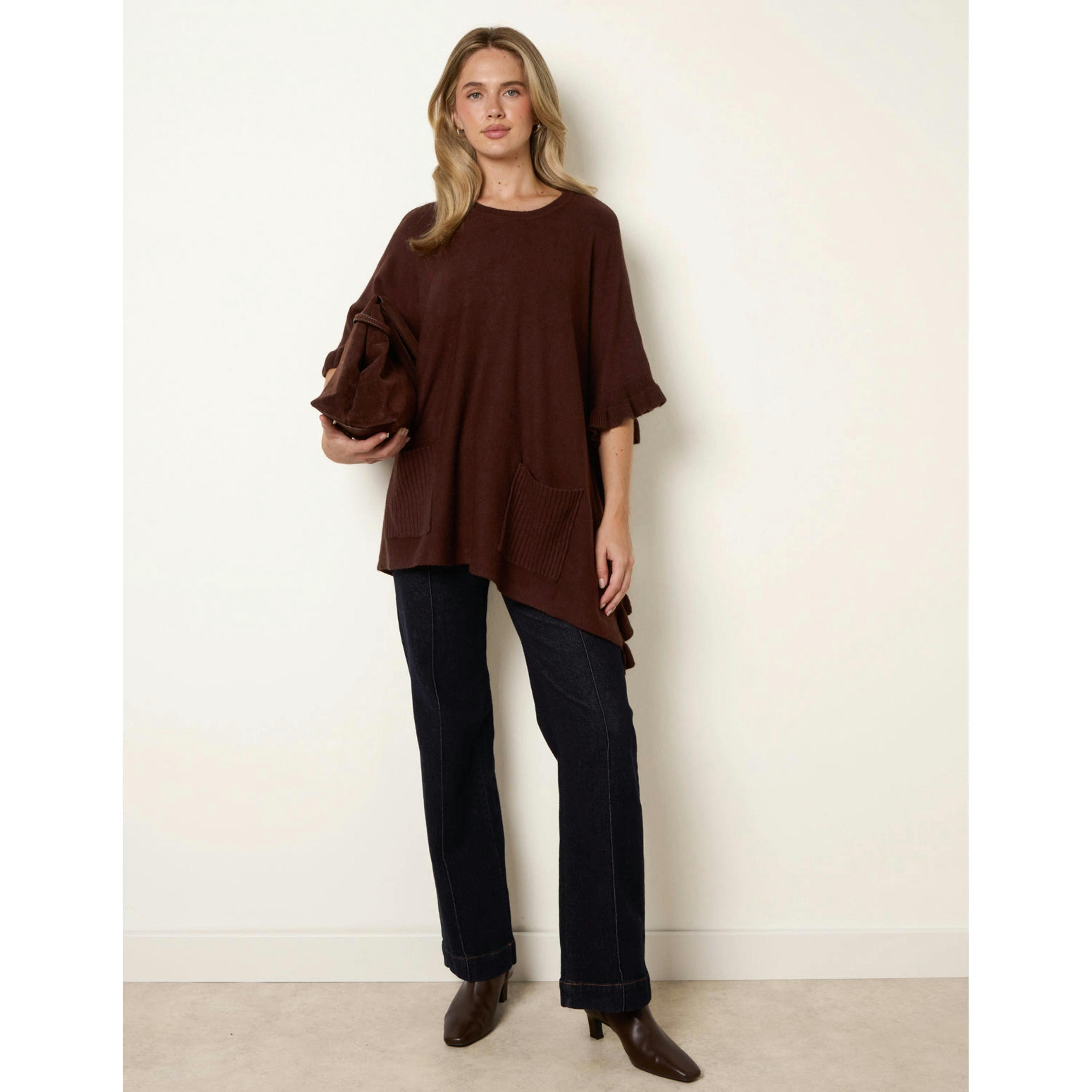 Blue Vanilla Frill Detail Pocket Cape  in Brown , view 4 of 5