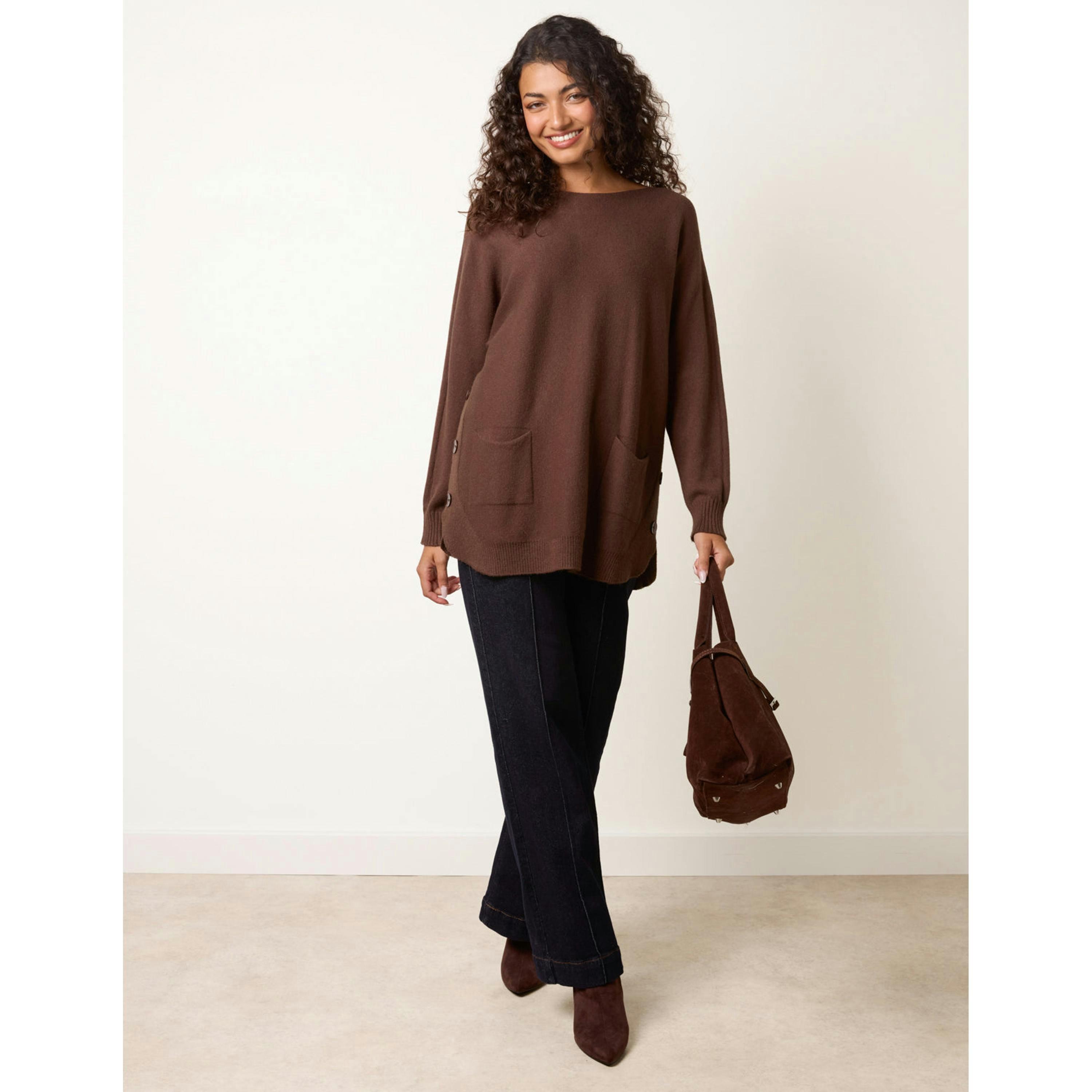 Blue Vanilla Pocket Slash Neck Jumper  in Brown , view 3 of 4