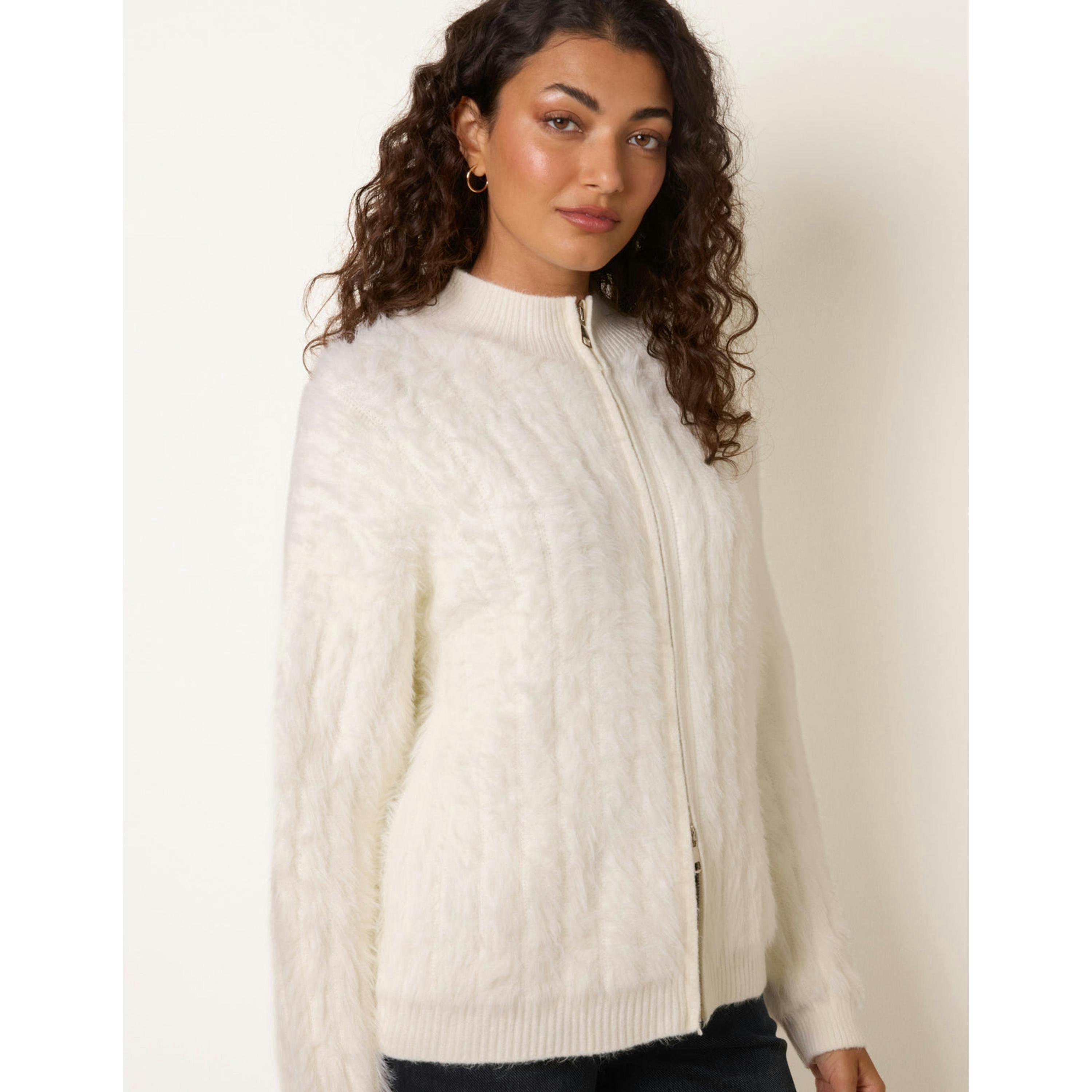 Blue Vanilla Textured Zip Through Knit Cardigan  in Ivory , view 1 of 4