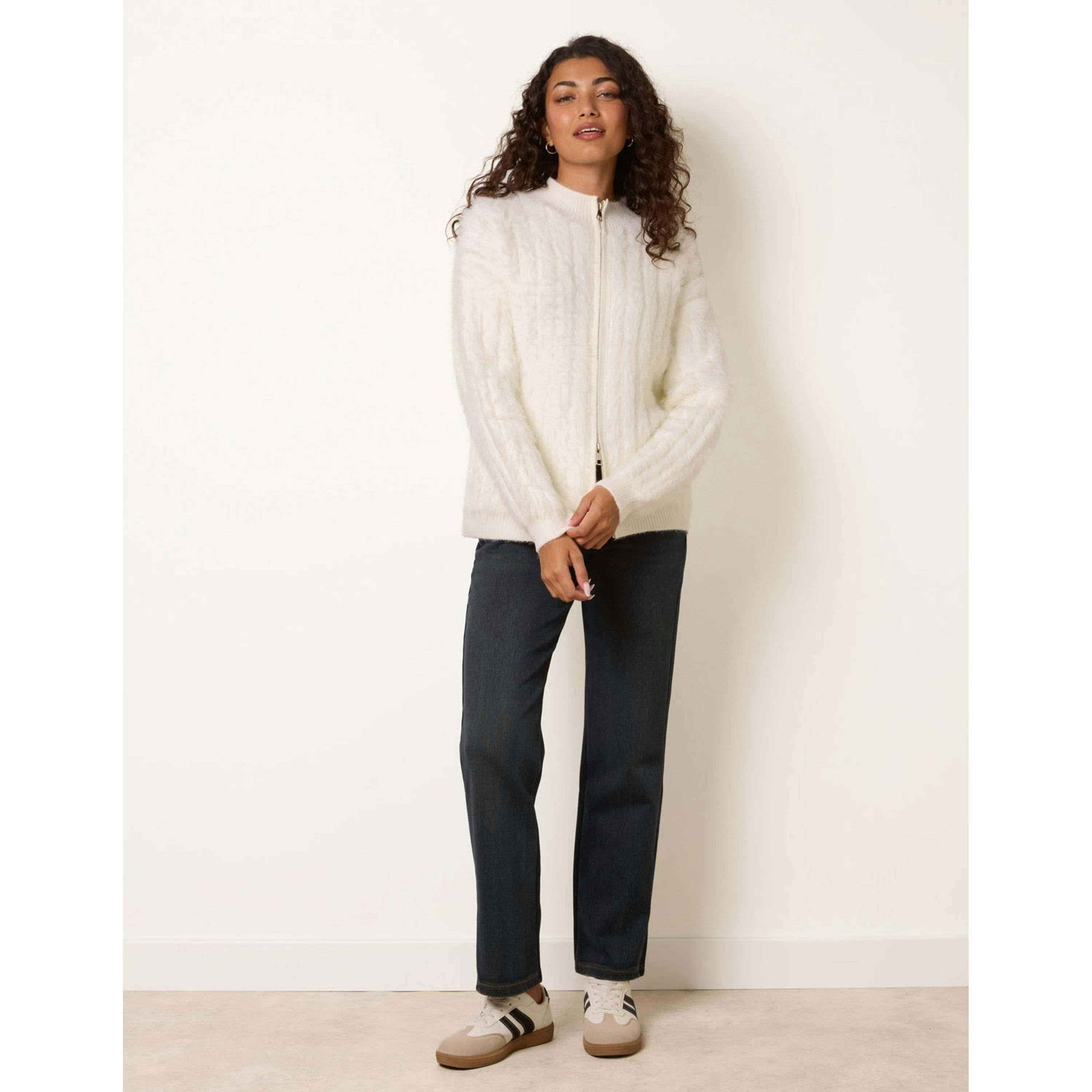 Blue Vanilla Textured Zip Through Knit Cardigan  in Ivory , view 3 of 4