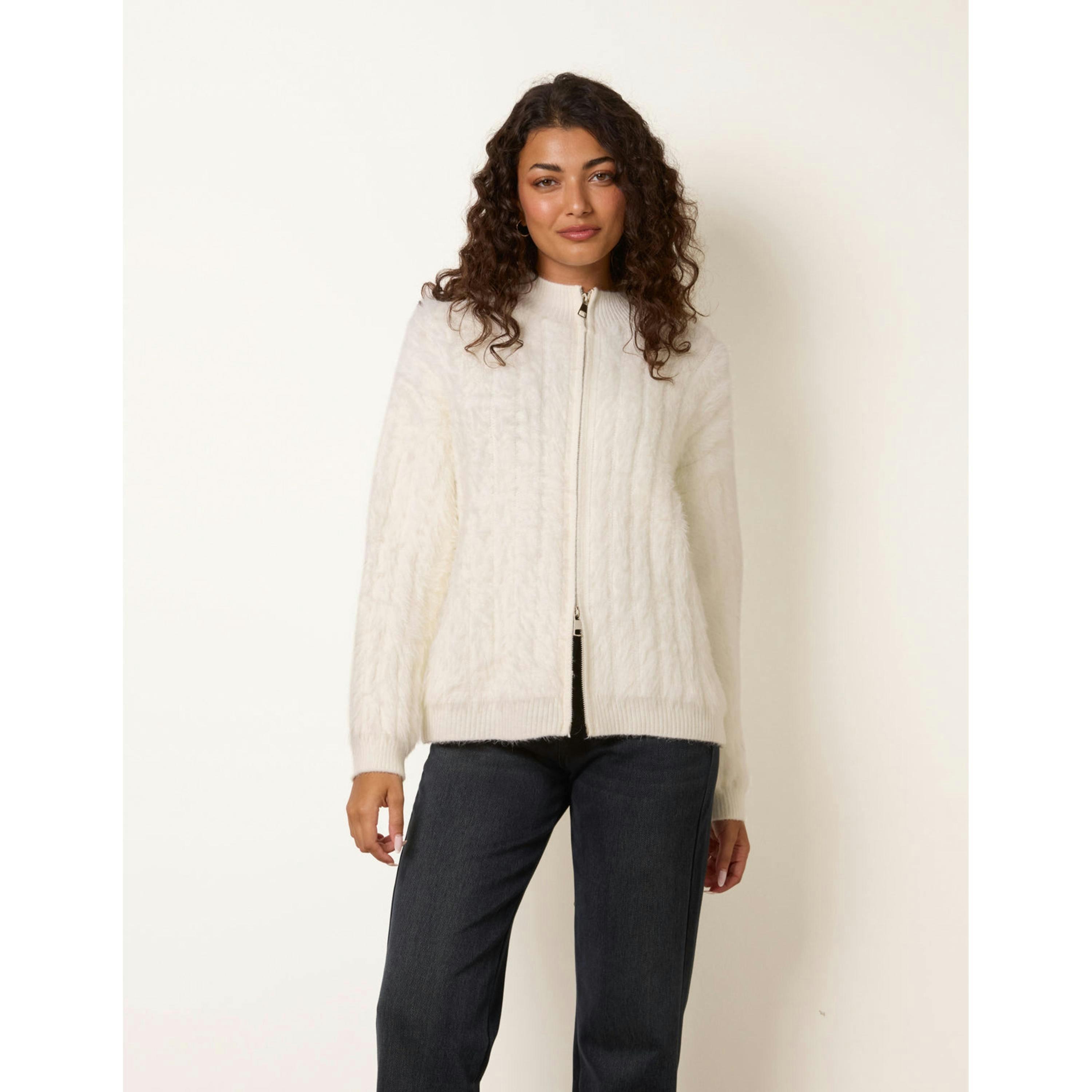 Blue Vanilla Textured Zip Through Knit Cardigan  in Ivory , view 4 of 4