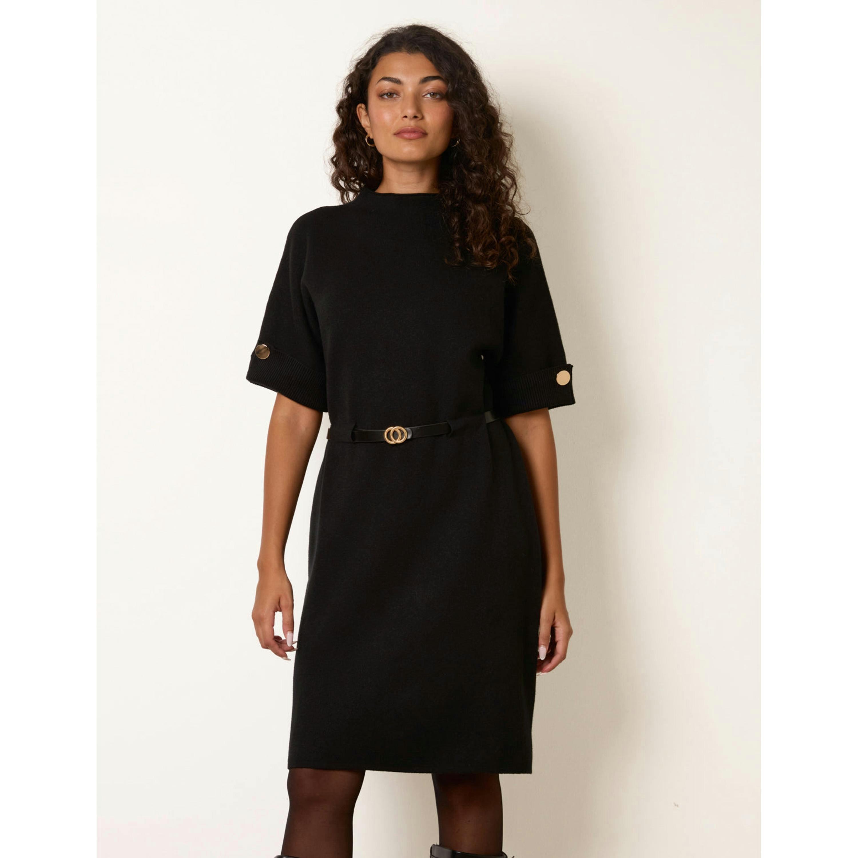 Blue Vanilla Funnel Neck Belted Knit Dress  in Black , view 1 of 4