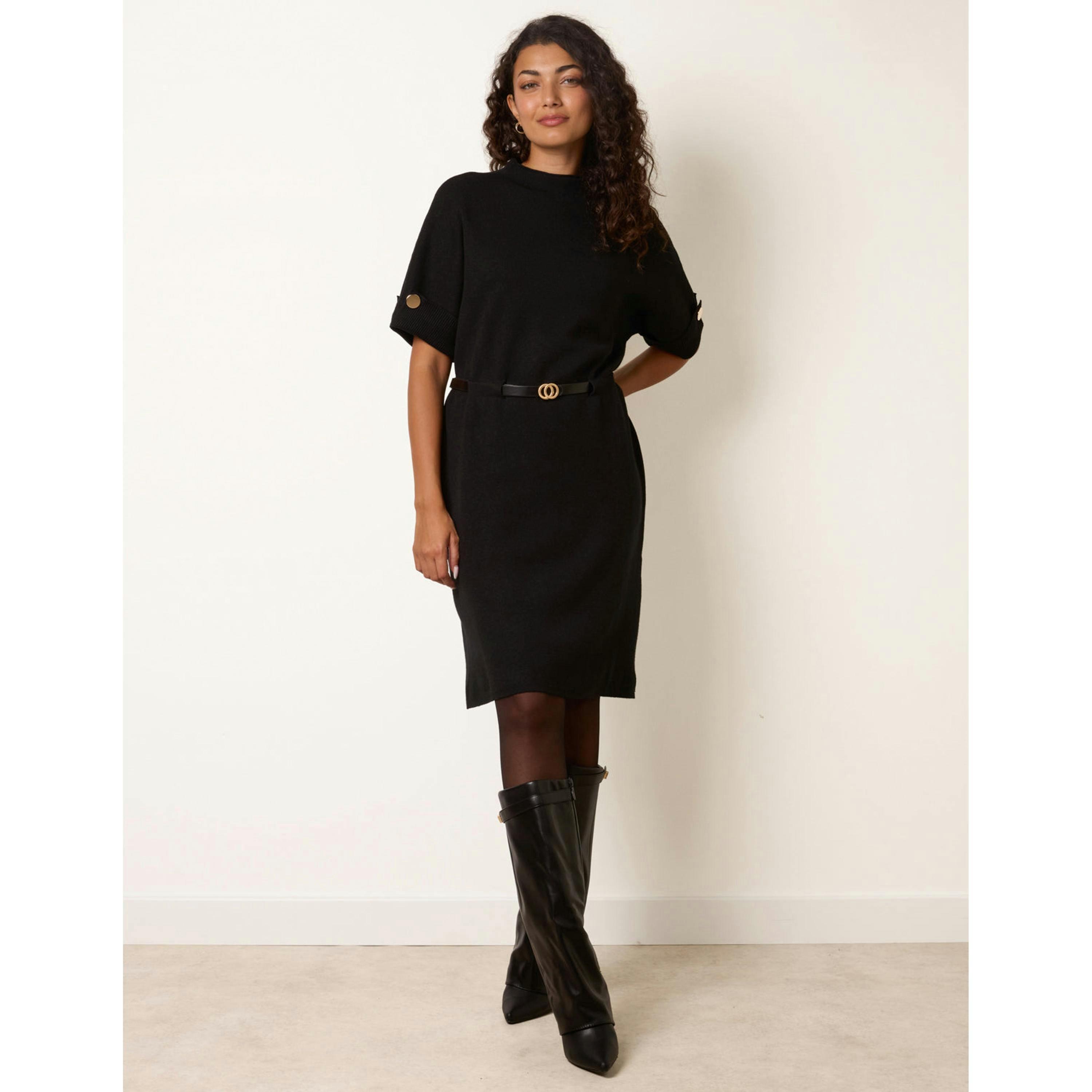 Blue Vanilla Funnel Neck Belted Knit Dress  in Black , view 3 of 4