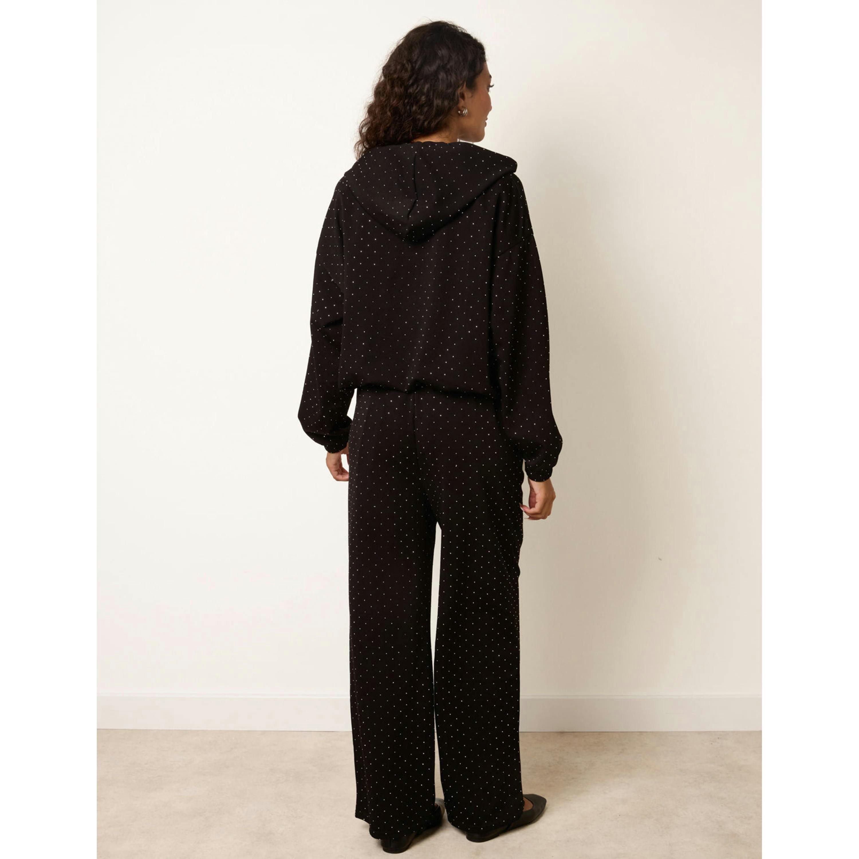 Blue Vanilla Diamante Hooded Wide Leg Lounge Set  in Black , view 2 of 4