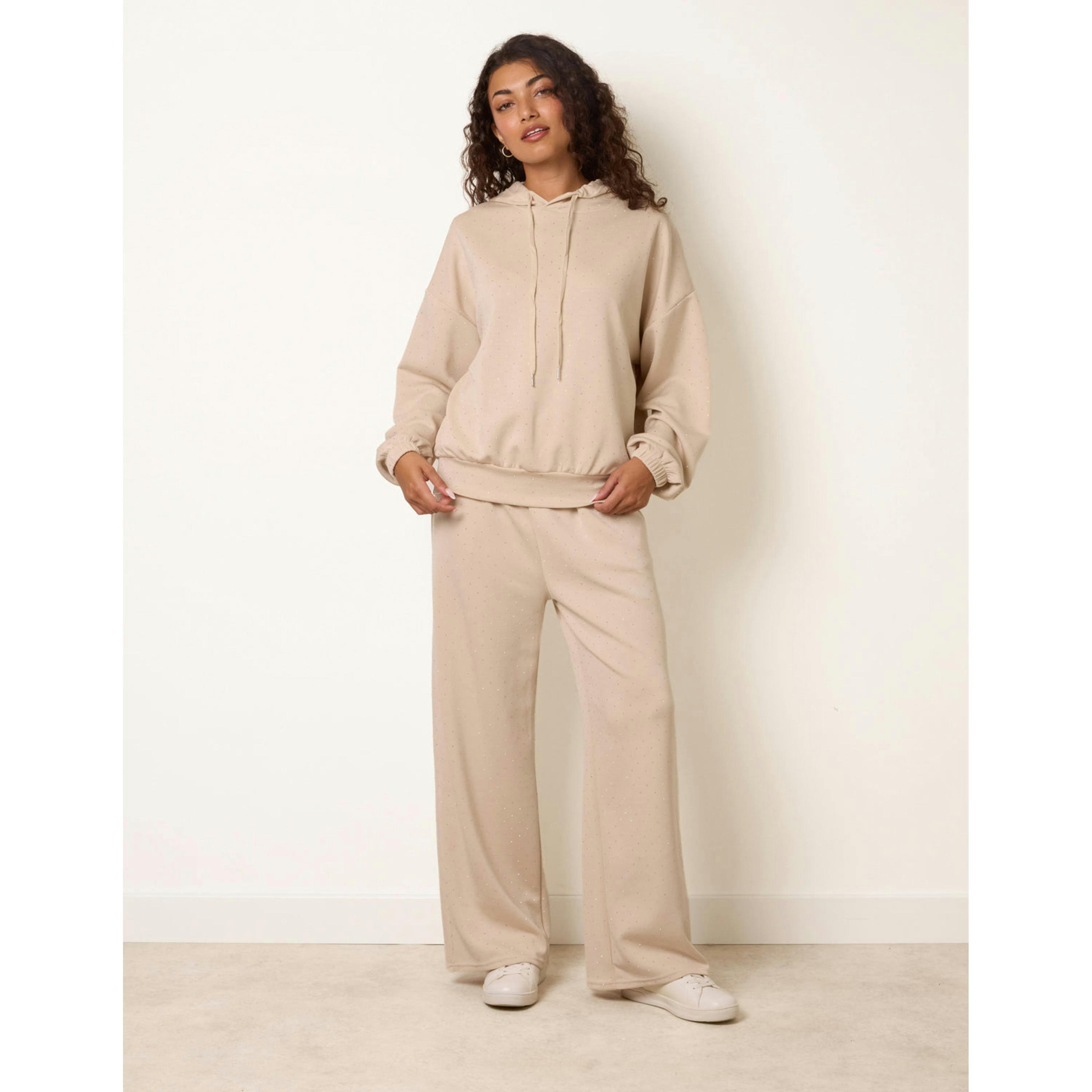 Blue Vanilla Diamante Hooded Wide Leg Lounge Set  in Stone , view 1 of 4