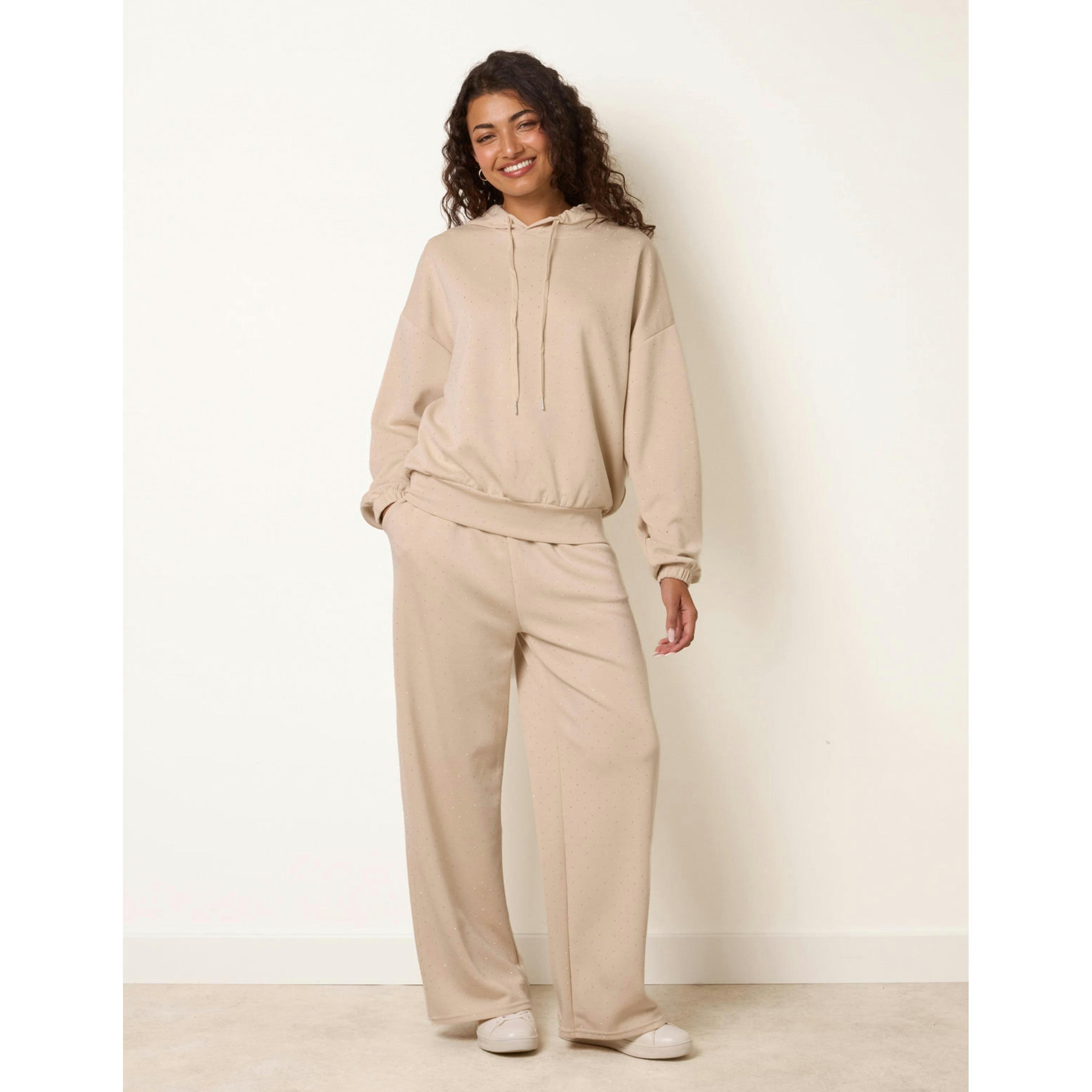 Blue Vanilla Diamante Hooded Wide Leg Lounge Set  in Stone , view 4 of 4