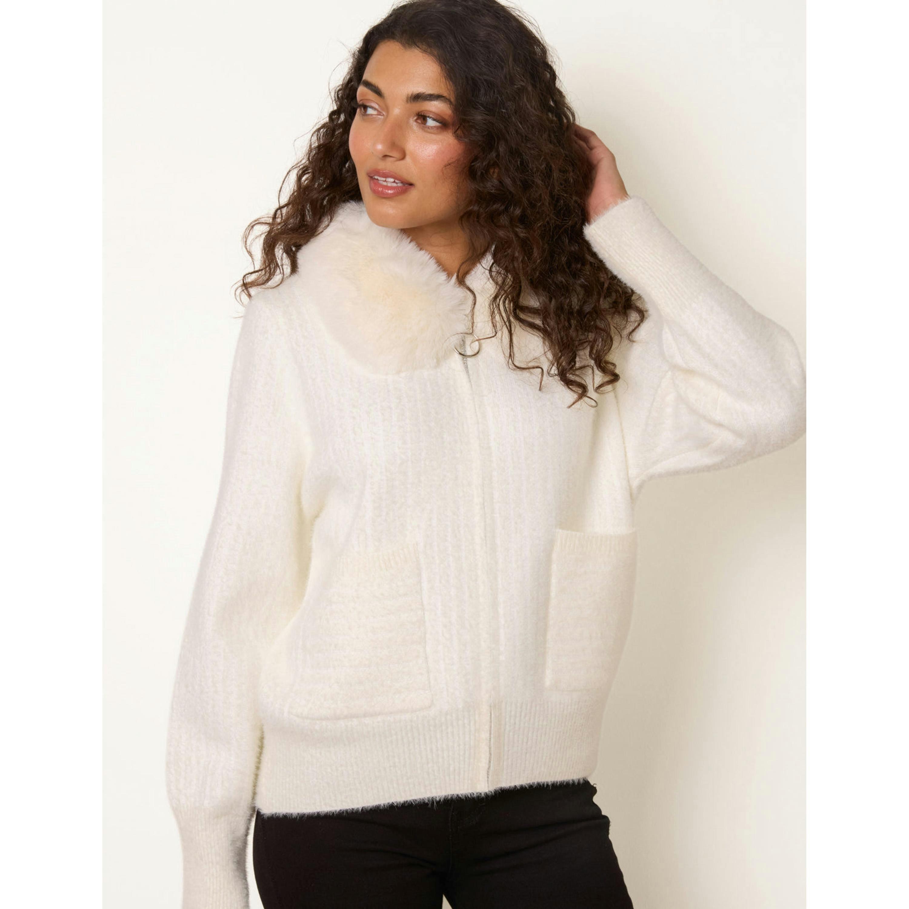 Blue Vanilla Ribbed Cardigan With Faux Fur Collar  in Ivory , view 1 of 4