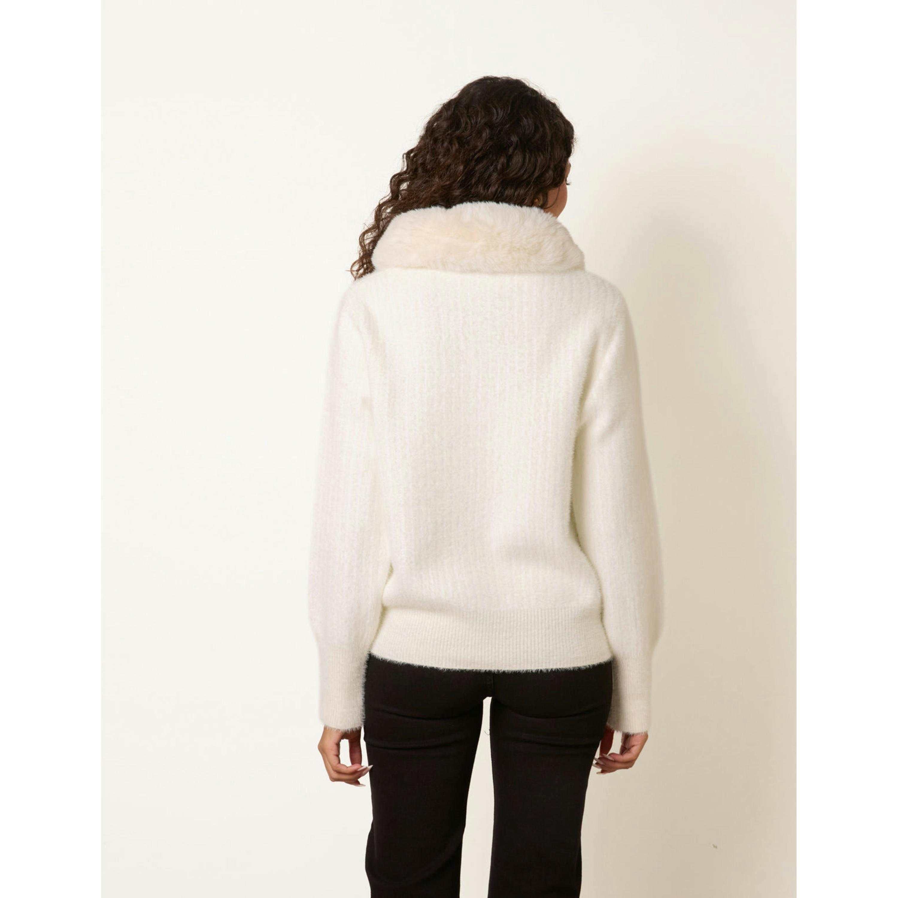 Blue Vanilla Ribbed Cardigan With Faux Fur Collar  in Ivory , view 2 of 4