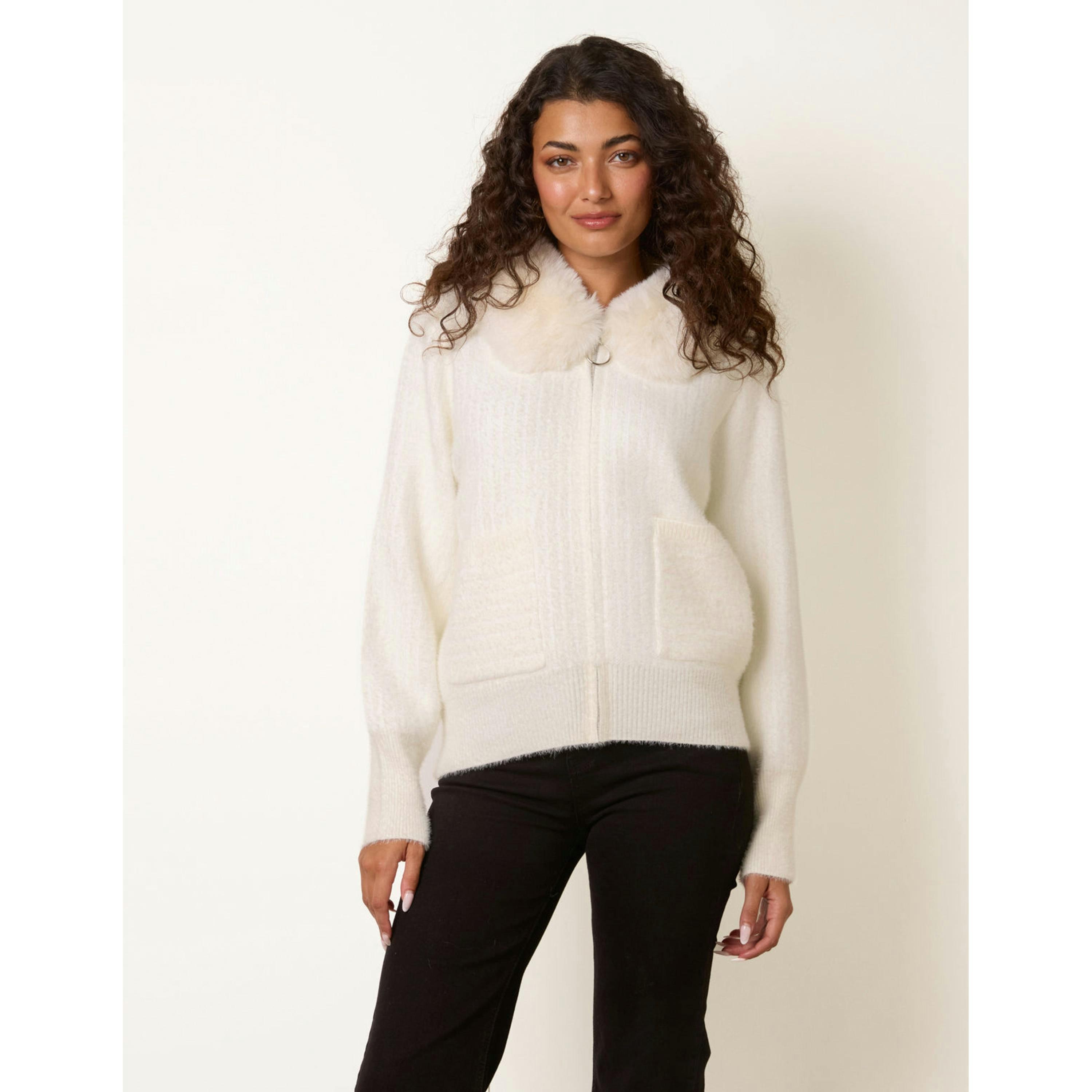 Blue Vanilla Ribbed Cardigan With Faux Fur Collar  in Ivory , view 3 of 4