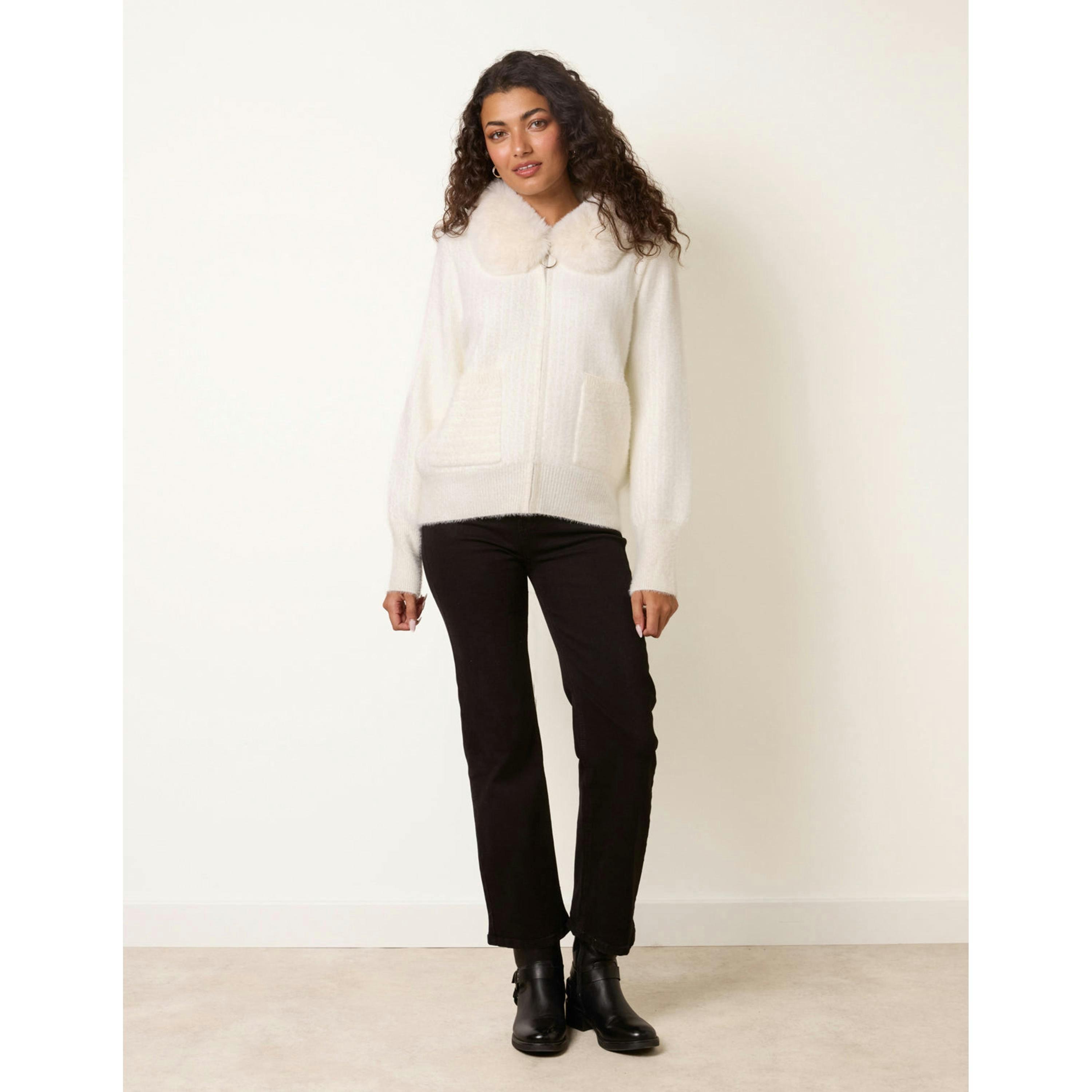 Blue Vanilla Ribbed Cardigan With Faux Fur Collar  in Ivory , view 4 of 4