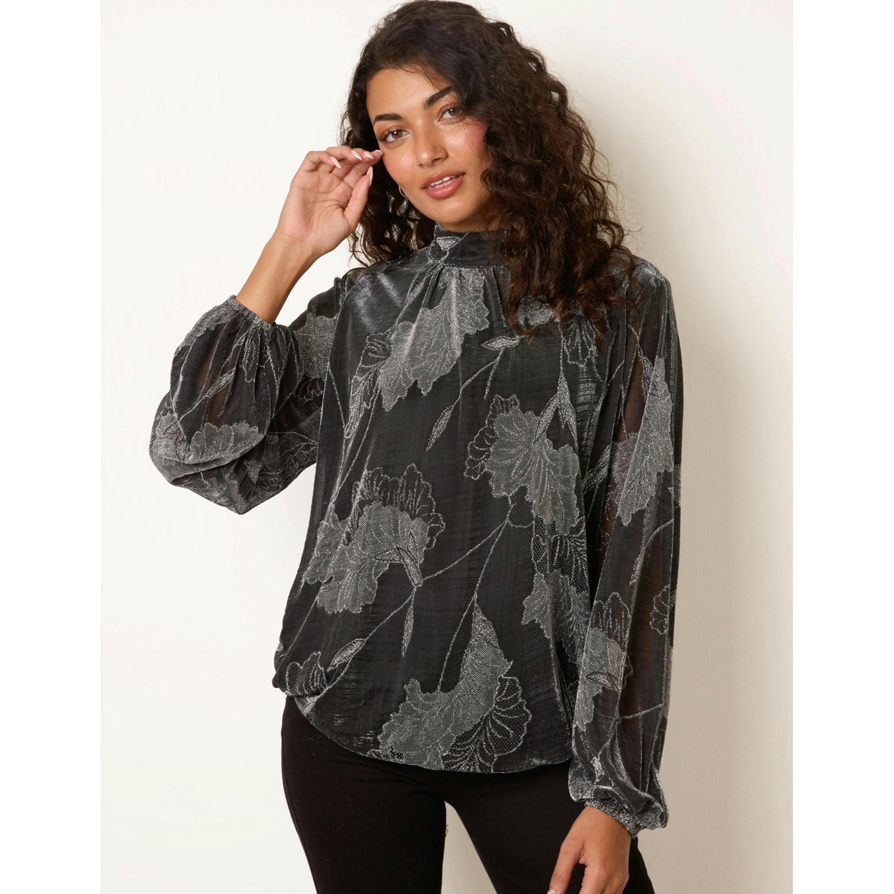 Blue Vanilla Metallic Floral High Neck Puff Ball Blouse  in Silver , view 1 of 4