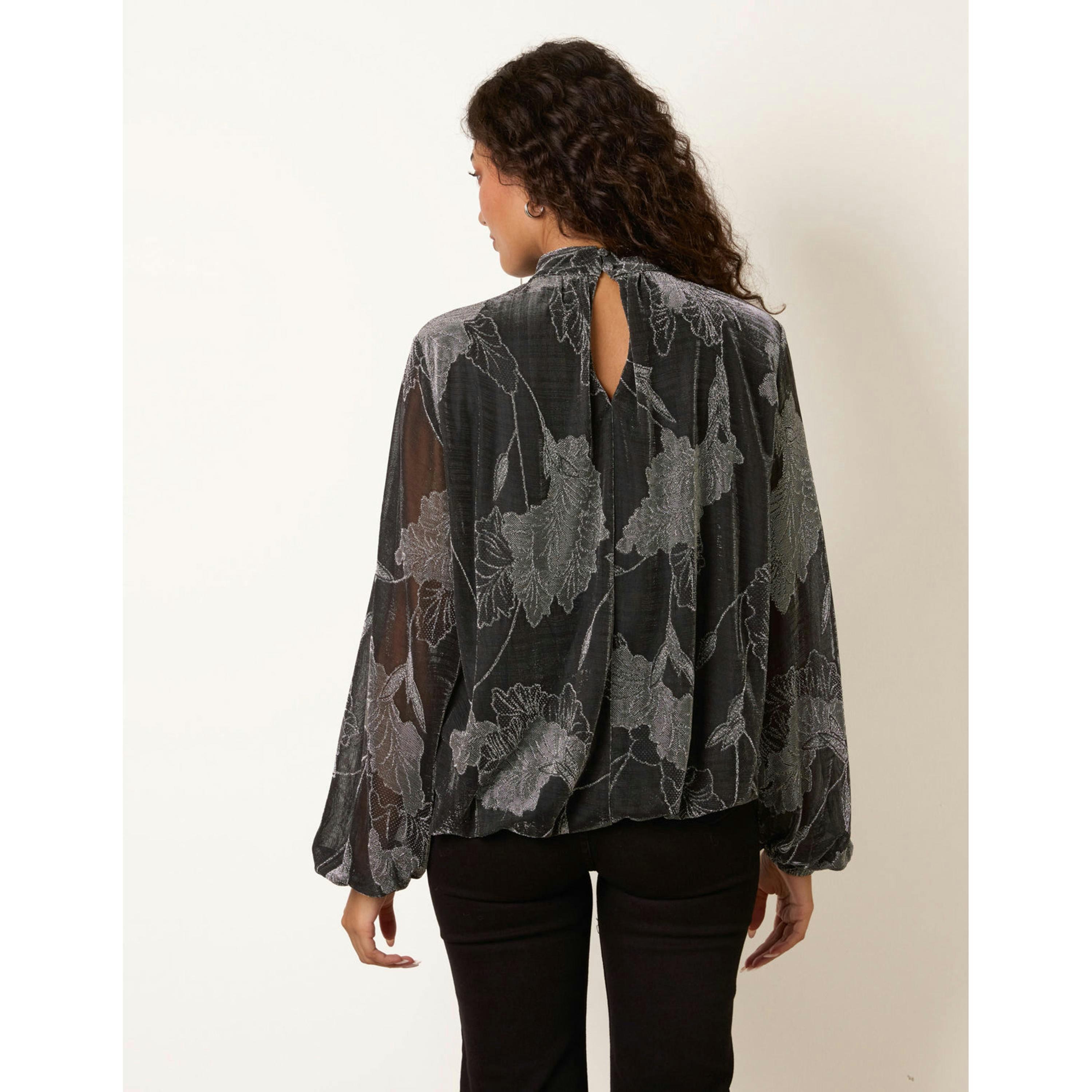 Blue Vanilla Metallic Floral High Neck Puff Ball Blouse  in Silver , view 2 of 4