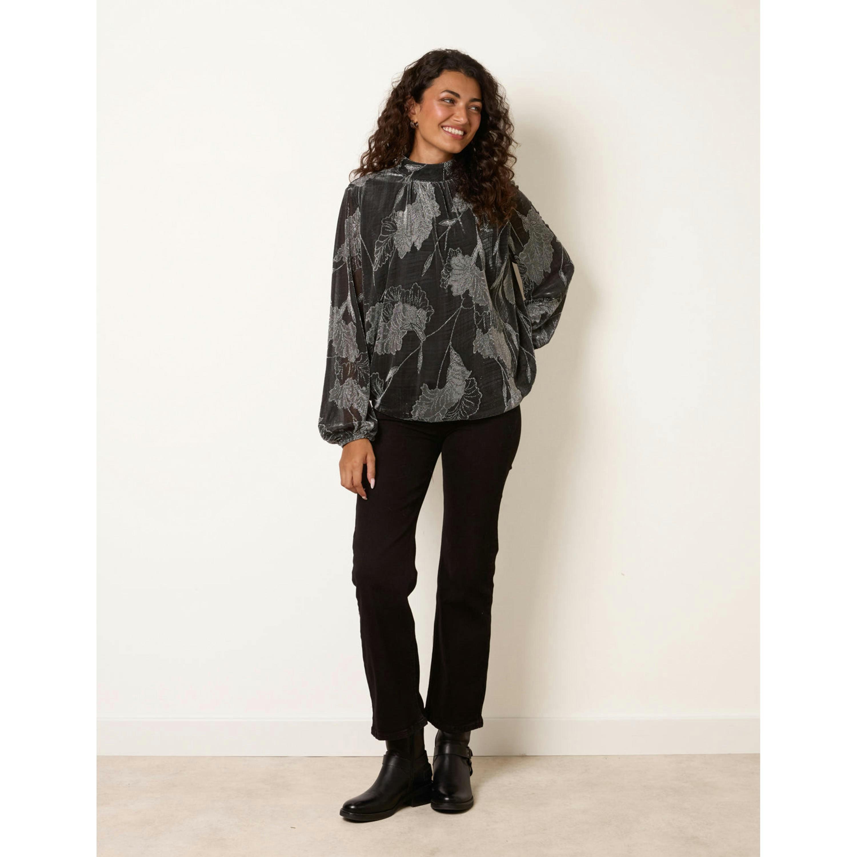 Blue Vanilla Metallic Floral High Neck Puff Ball Blouse  in Silver , view 3 of 4