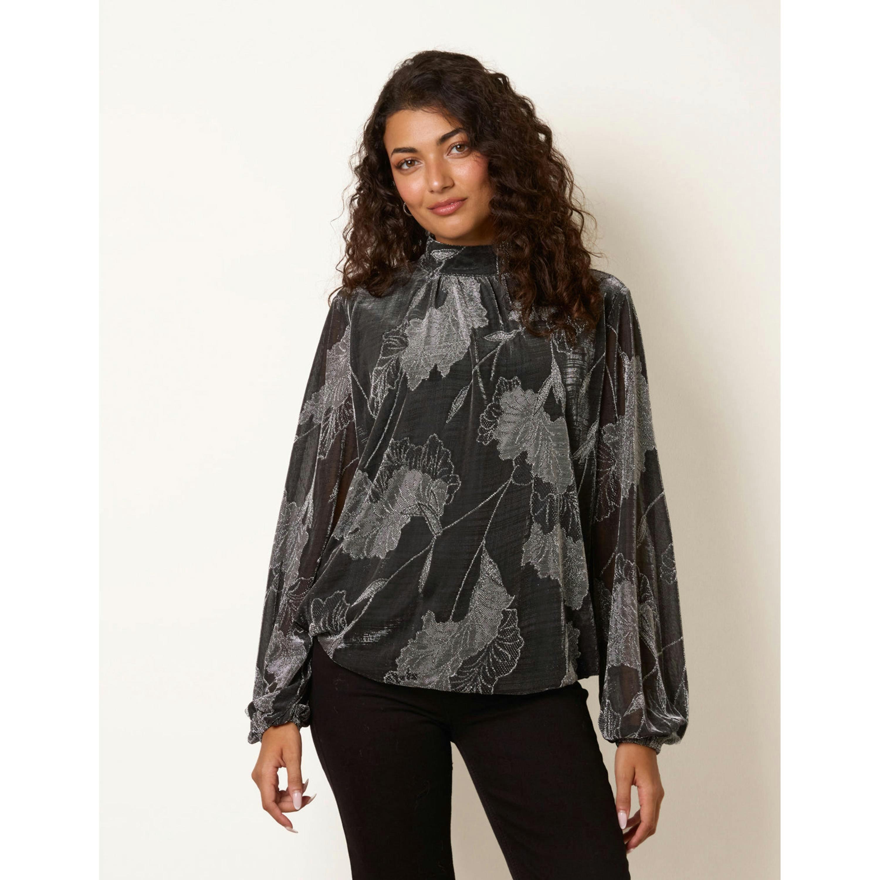 Blue Vanilla Metallic Floral High Neck Puff Ball Blouse  in Silver , view 4 of 4