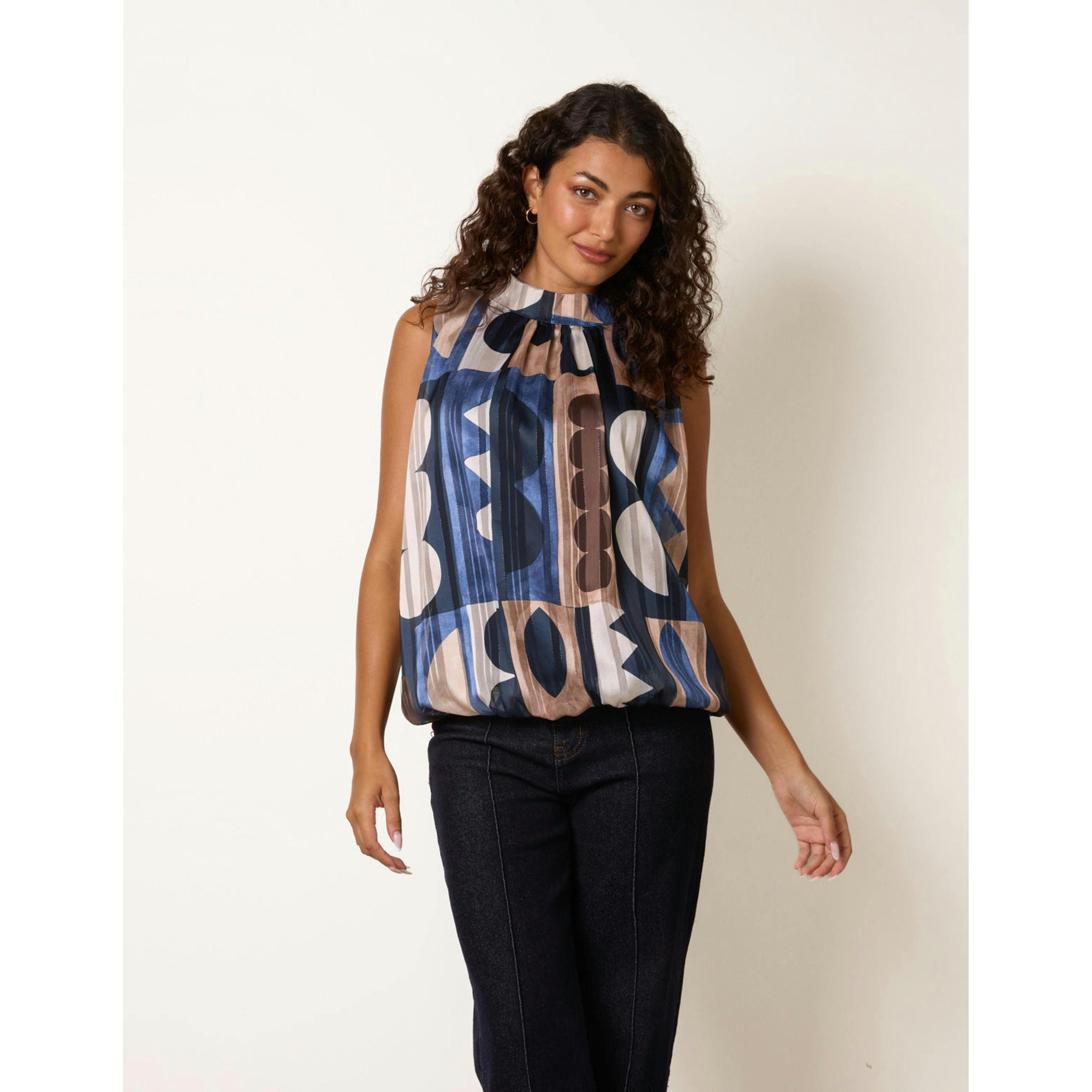 Blue Vanilla High Neck Sleeveless Geometric Blouse  in Navy , view 1 of 4