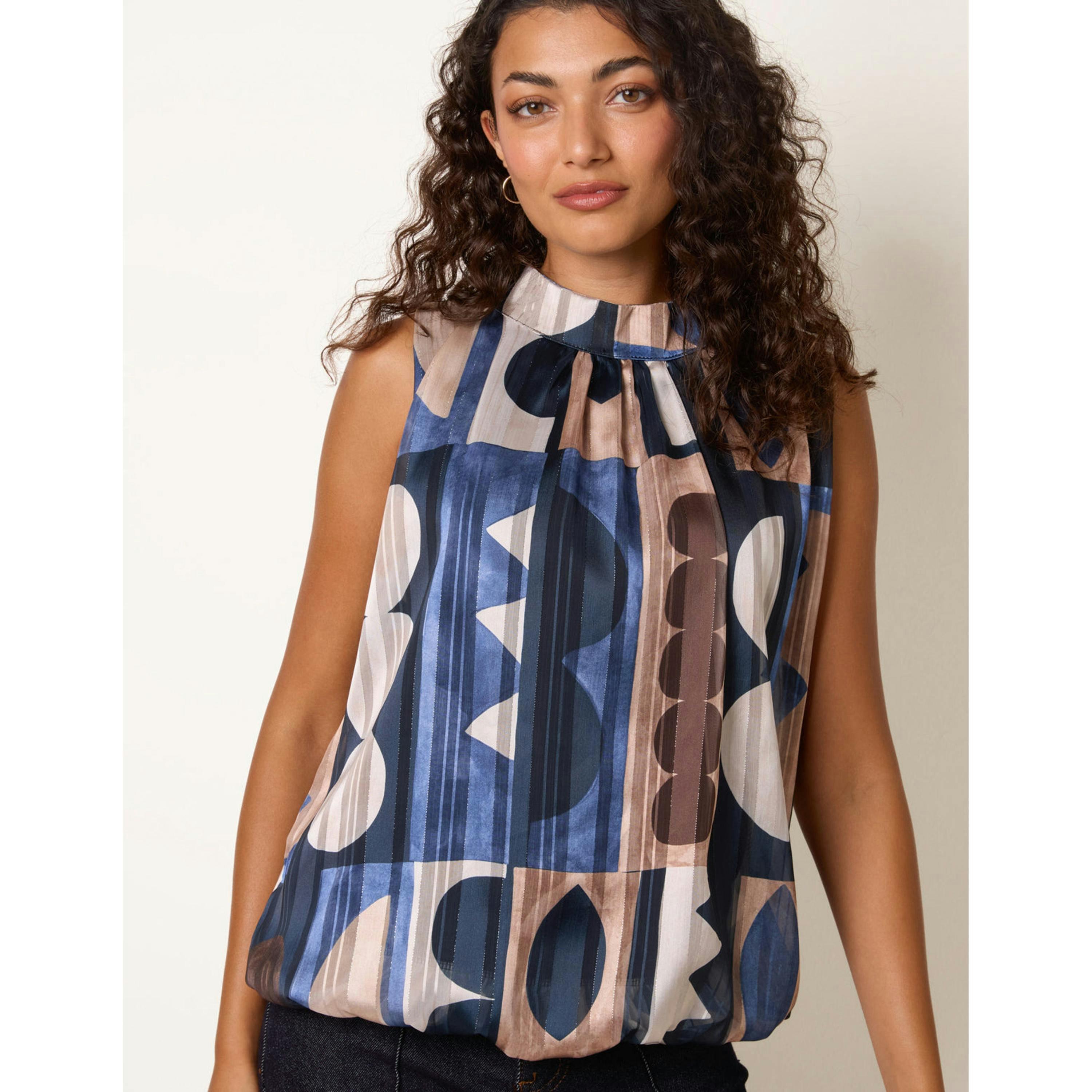 Blue Vanilla High Neck Sleeveless Geometric Blouse  in Navy , view 3 of 4