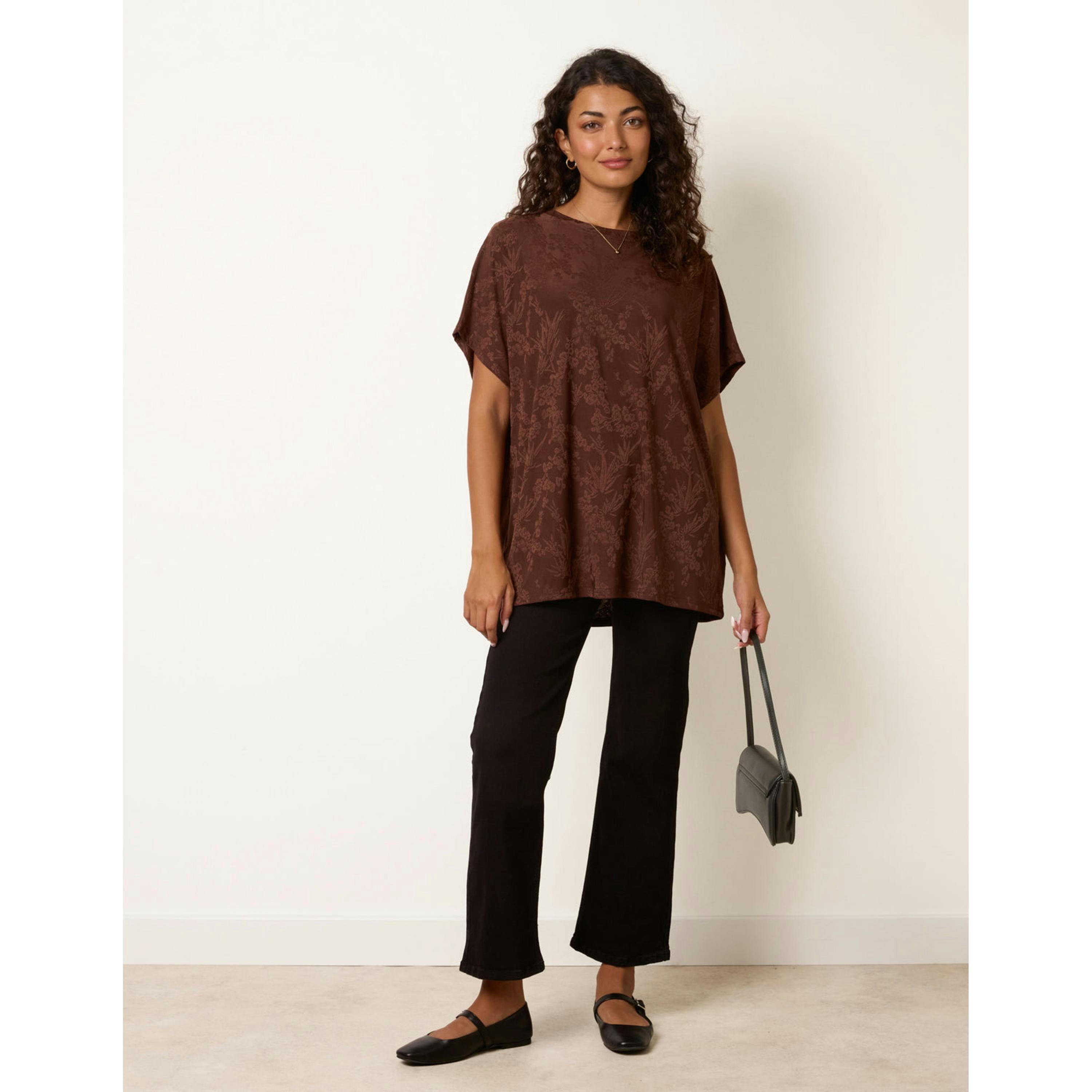 Blue Vanilla Floral Embossed Print Top  in Brown , view 1 of 4