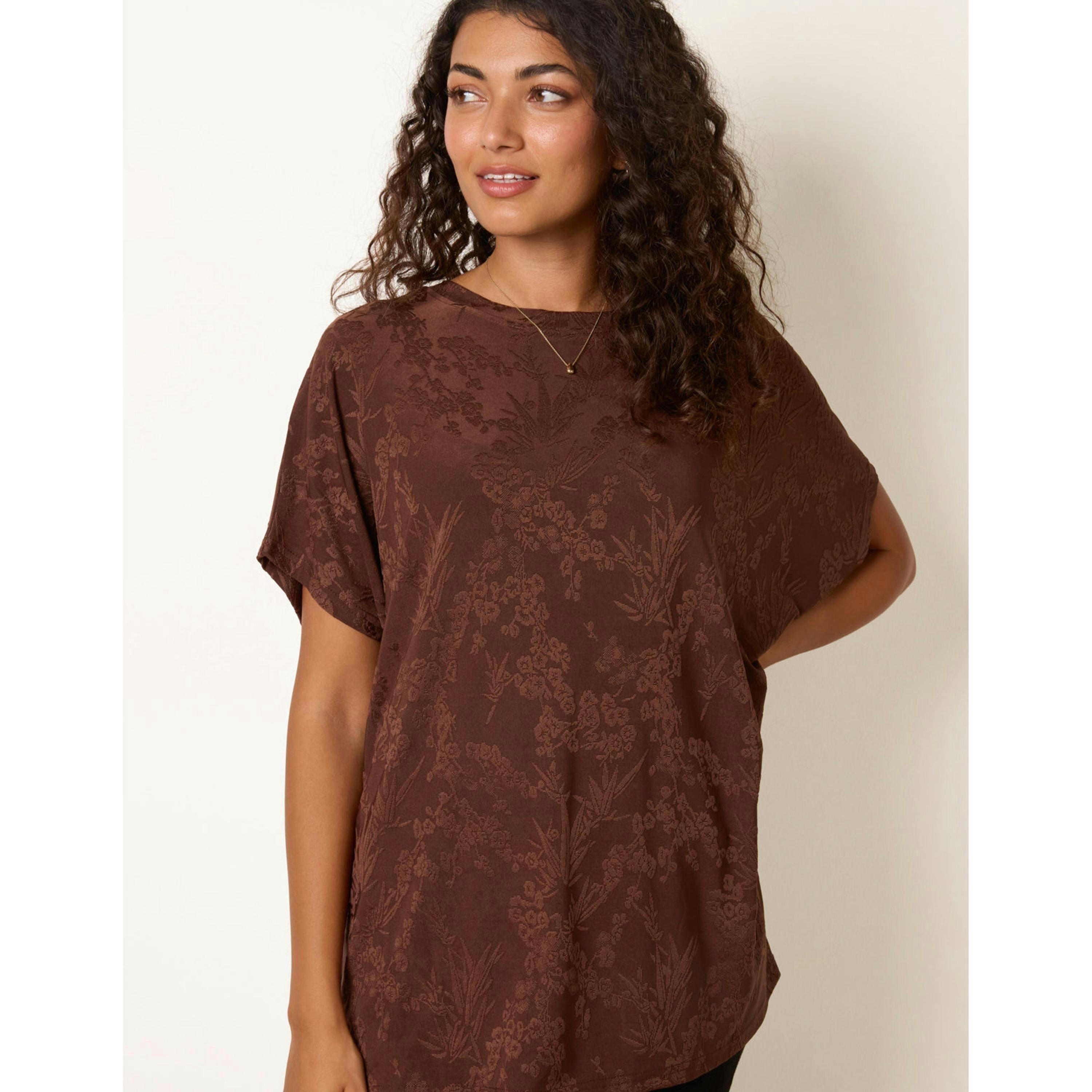 Blue Vanilla Floral Embossed Print Top  in Brown , view 2 of 4