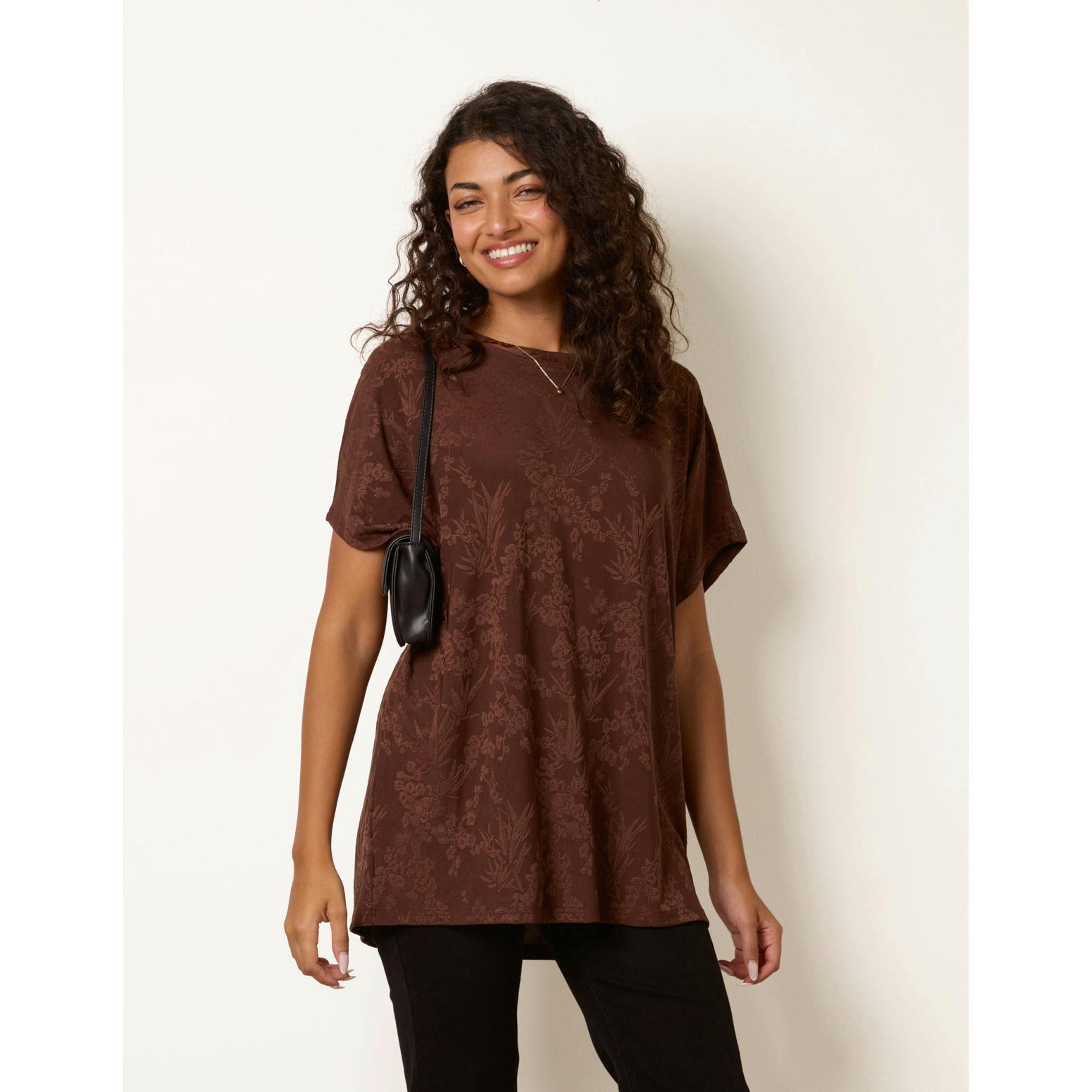 Blue Vanilla Floral Embossed Print Top  in Brown , view 3 of 4