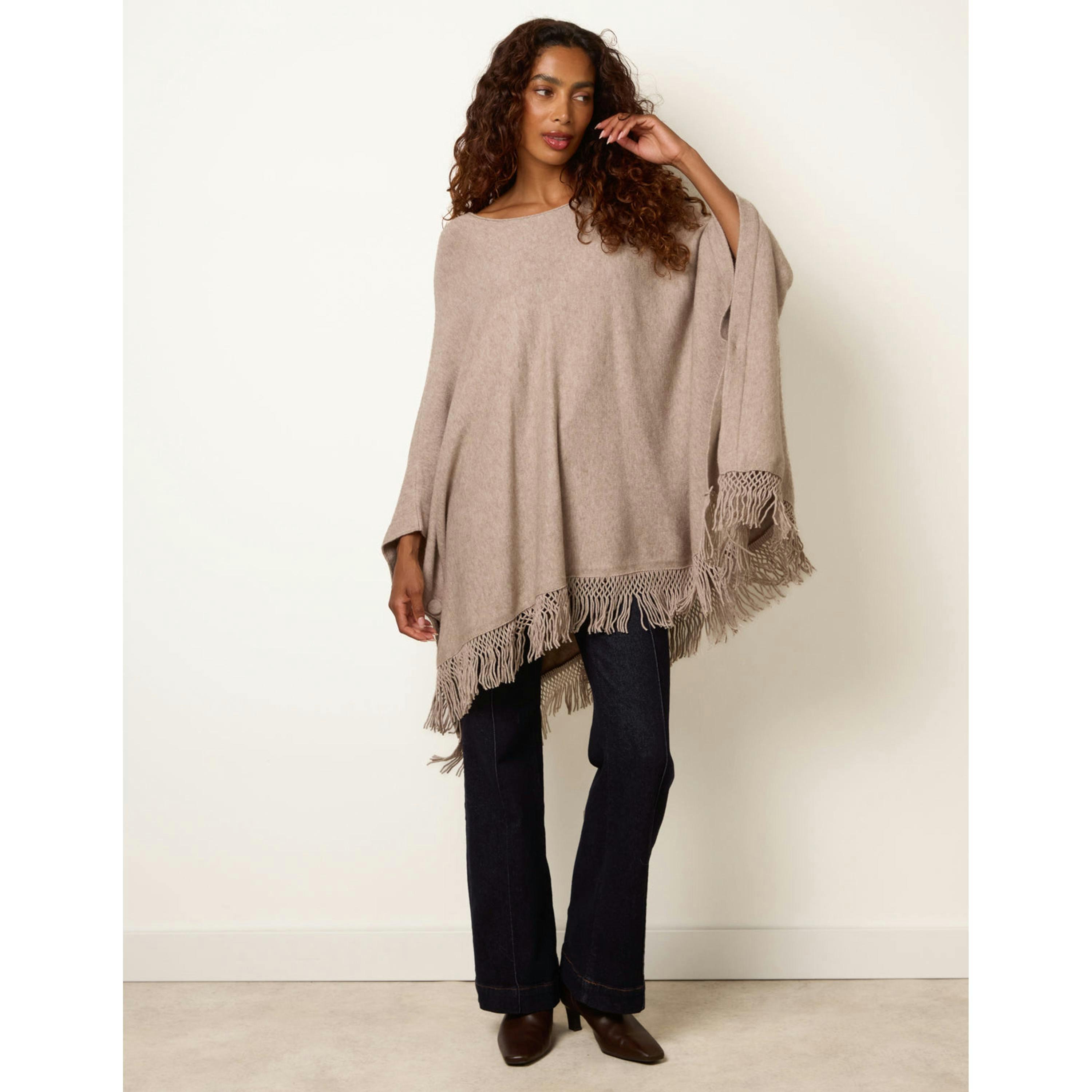 Blue Vanilla Fringe Hem Button Side Cape  in Beige , view 1 of 4