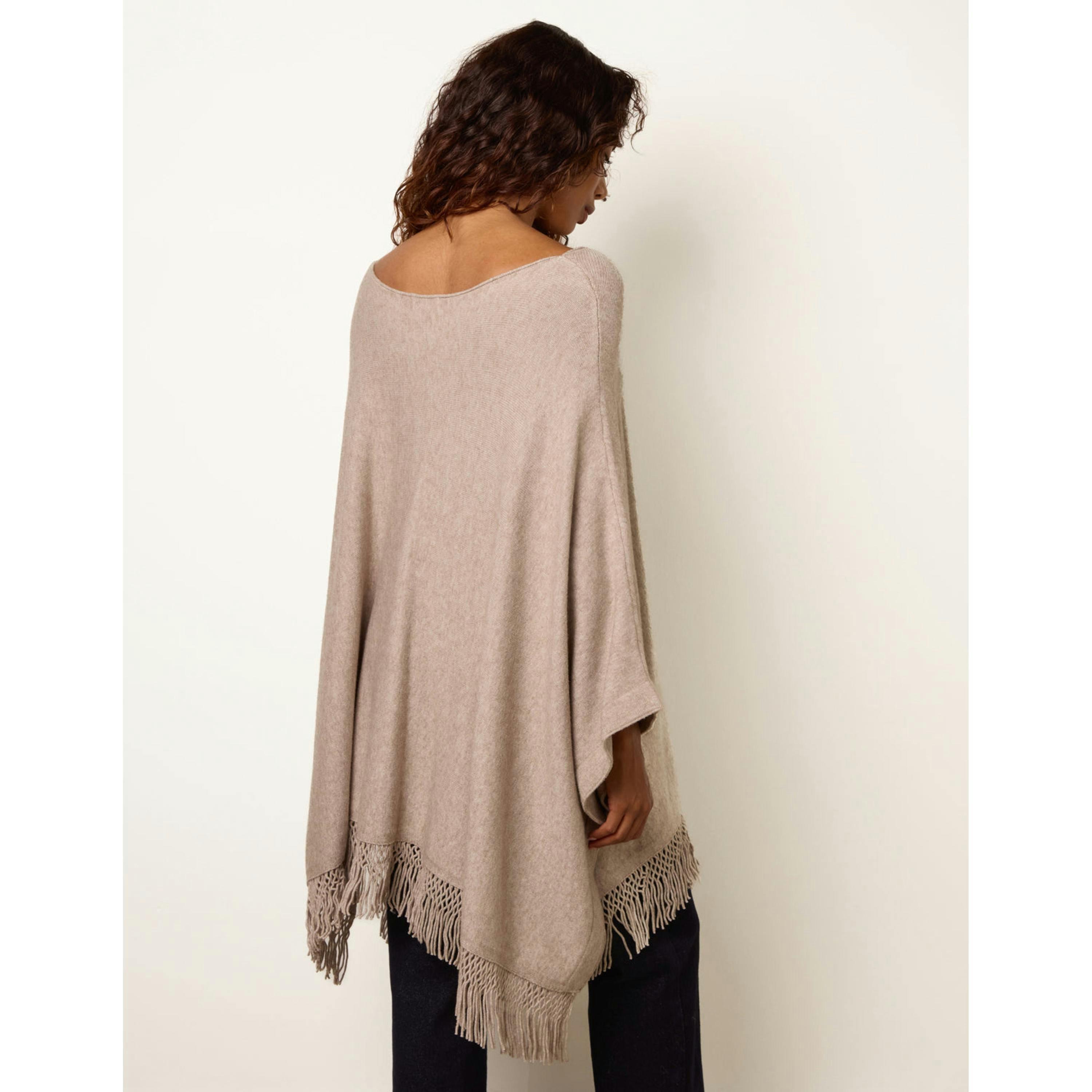 Blue Vanilla Fringe Hem Button Side Cape  in Beige , view 2 of 4