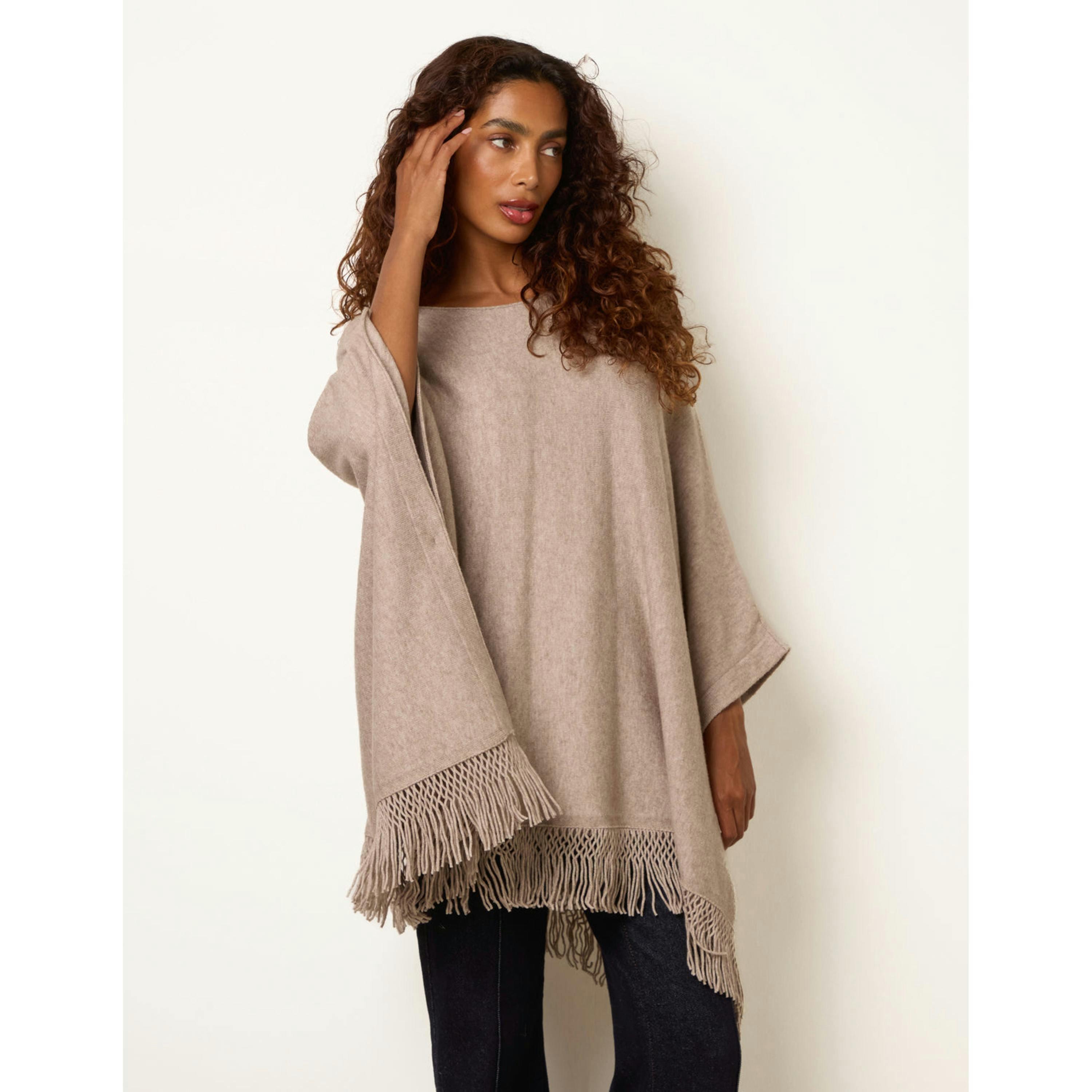 Blue Vanilla Fringe Hem Button Side Cape  in Beige , view 3 of 4