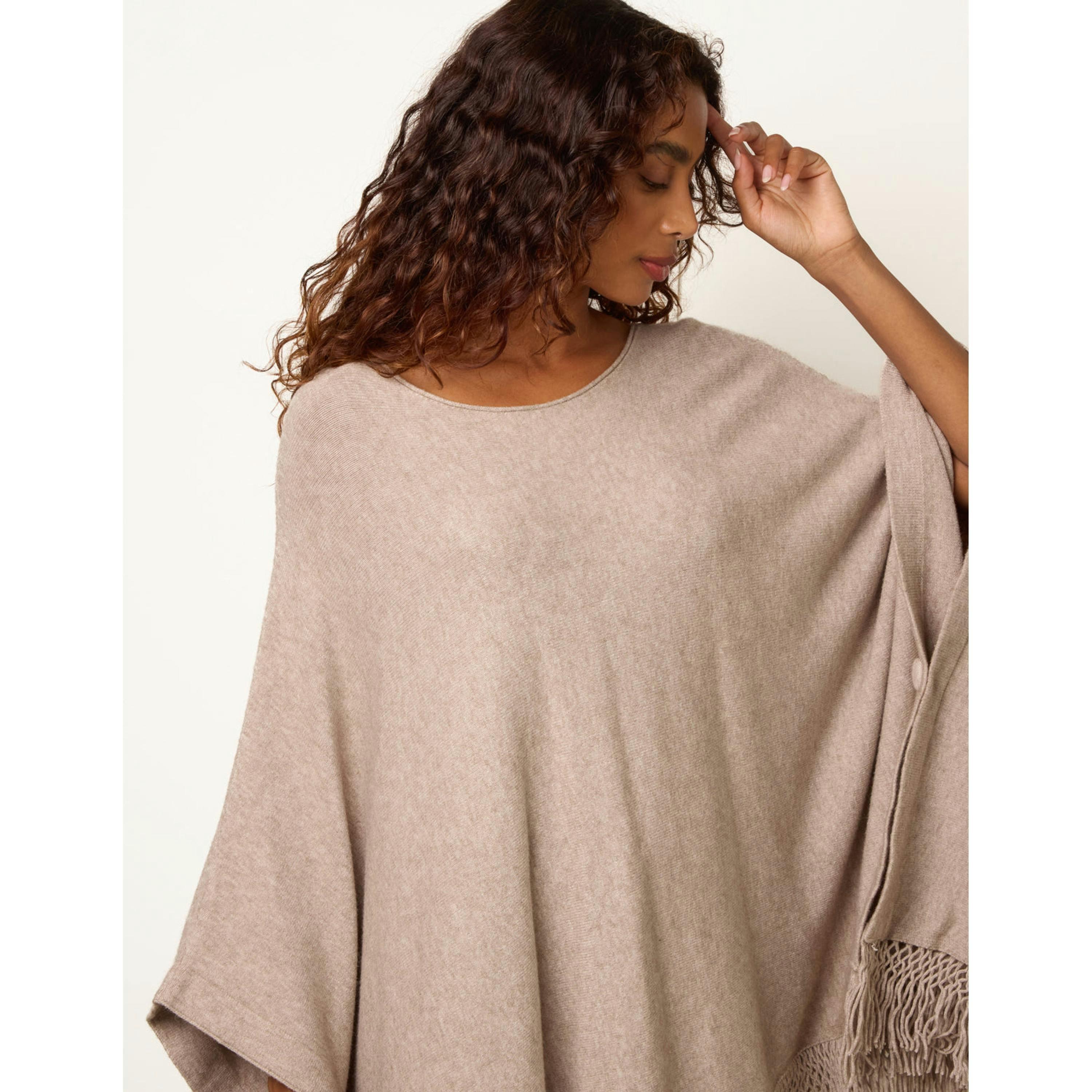 Blue Vanilla Fringe Hem Button Side Cape  in Beige , view 4 of 4